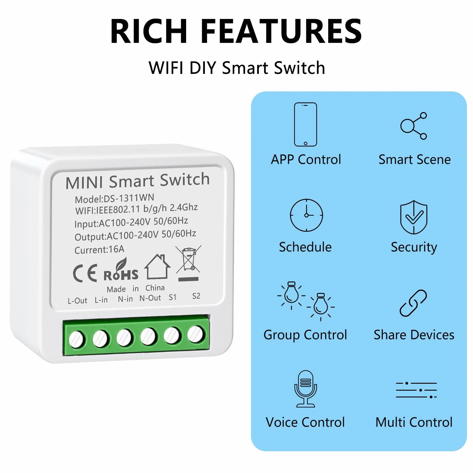 1 sztuka Alexa włącznik światła Smart Home, moduł Wi-Fi, włącznik światła, sterowanie głosem/timer, mini inteligentny przełącznik światła do domu, kompatybilny z Alexa, 1-drożny/2-drożny, wymagany