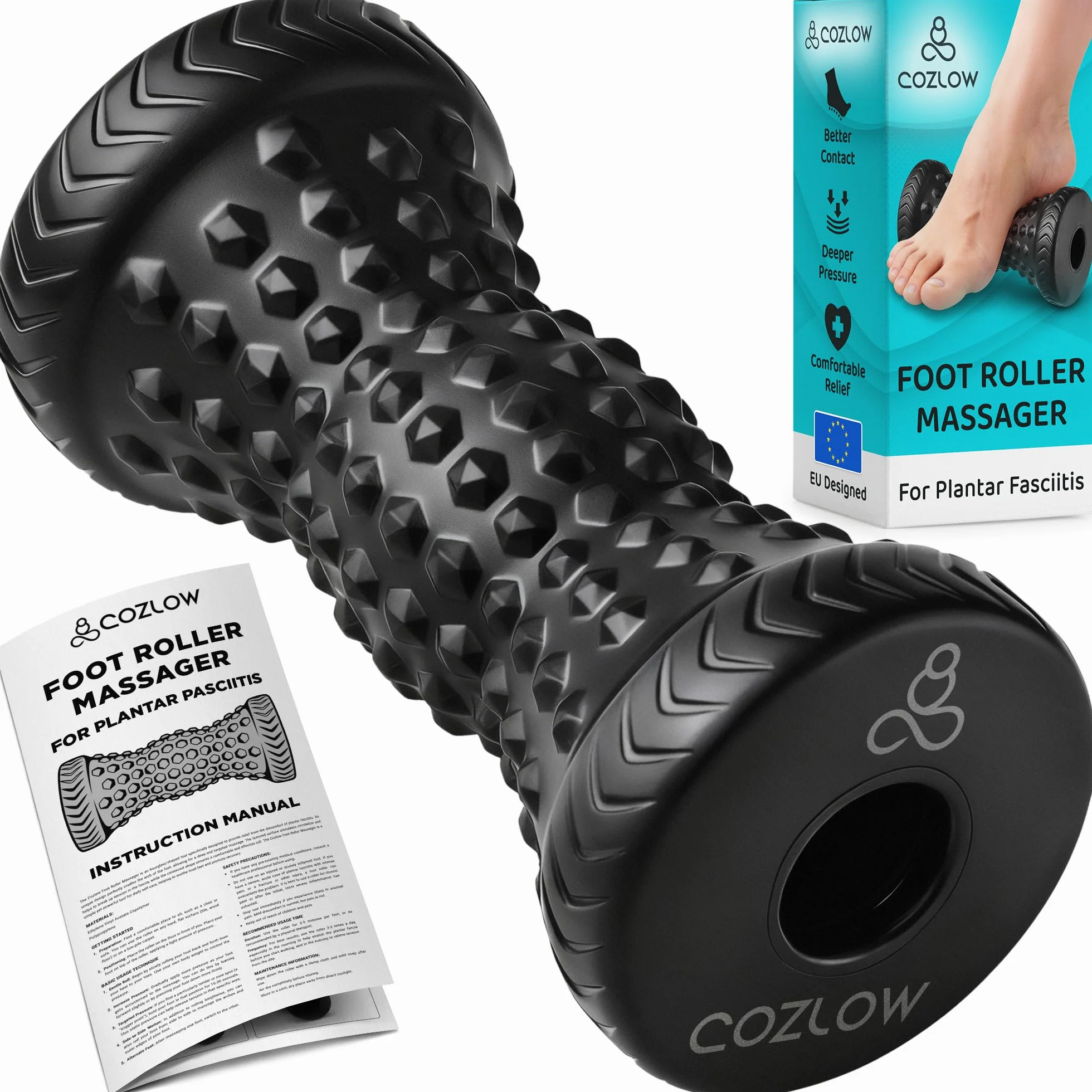 Cozlow - Foot Massager for Plantar Fasciitis Relief - Trigger Point Massage Roller for Feet Pain - Portable Muscle Therapy Tool for Sole, Calf, Hand, Arm