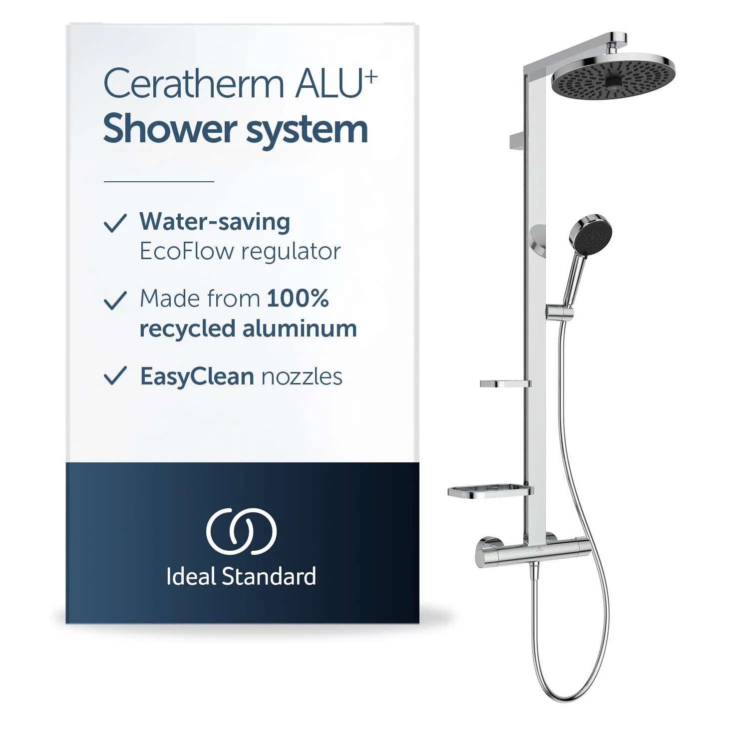 Ideal Standard Ceratherm Alu+ kolumna prysznicowa, wykonana w 100% z aluminium pochodzącego z recyklingu, prysznic oszczędzający wodę ze zmiennymi dyszami i ochroną przed oparzeniami - chrom (356 x