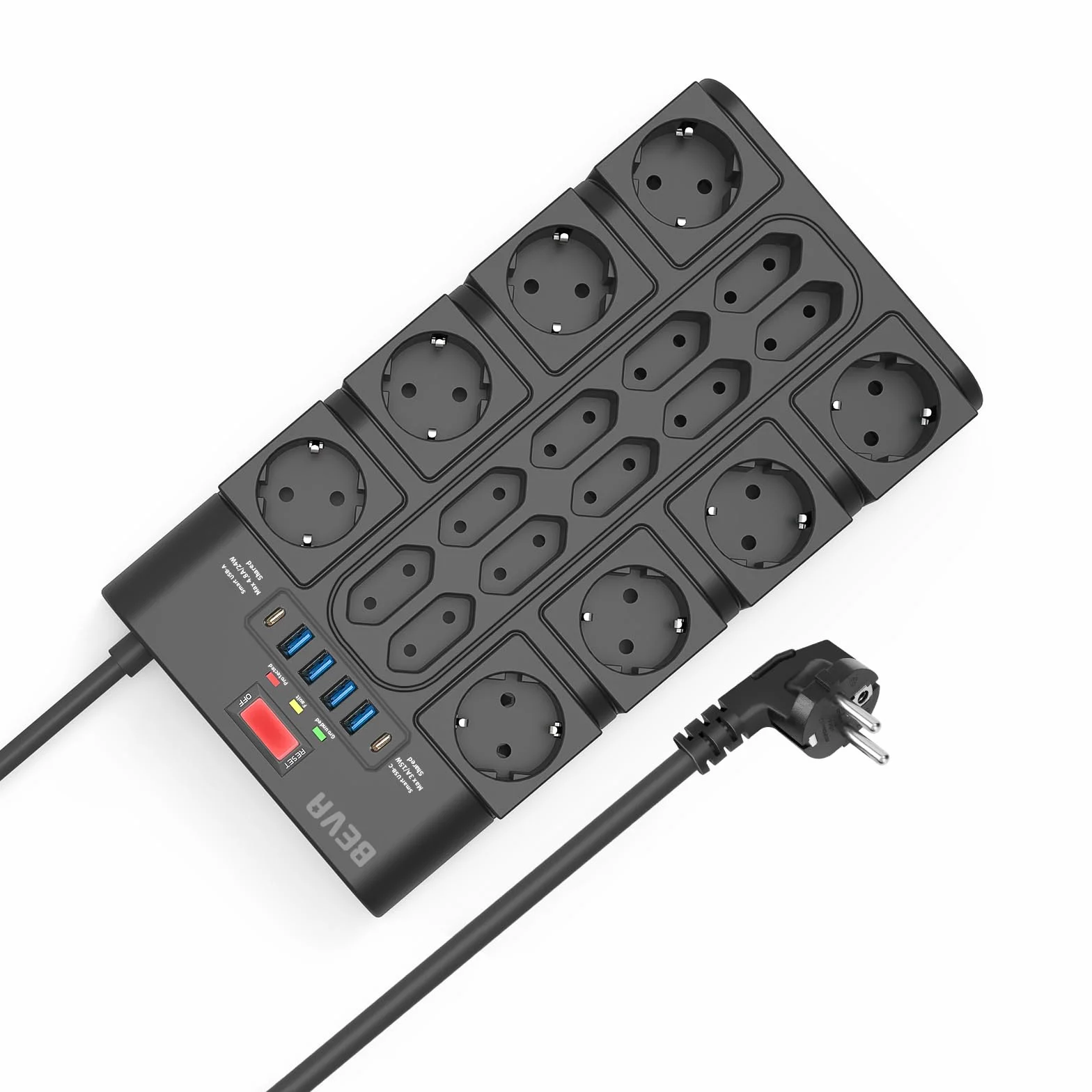BEVA Listwa Zasilająca 3680W 16A 18 Gniazd AC 4xUSB-A 2xUSB-C Złodziej Wtyczka 2M