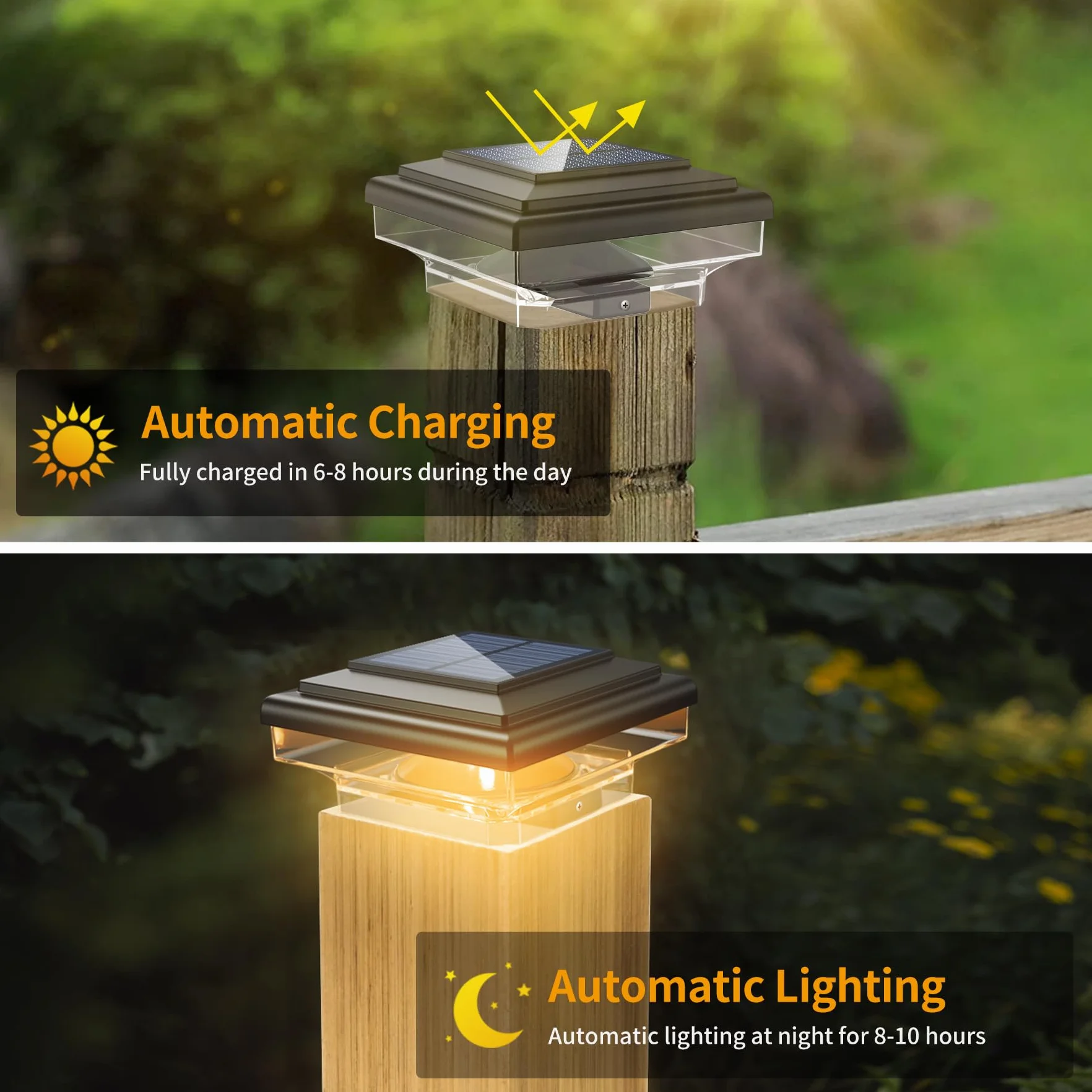 Zestaw 2 lamp solarnych z nasadkami ochronnymi, 8 diod LED, wodoszczelne solarne światła IP65, zewnętrzne, ogrodowe lampy solarne, do słupków ogrodzeniowych 70 mm/80 mm/90 mm/100 mm (76 x 76