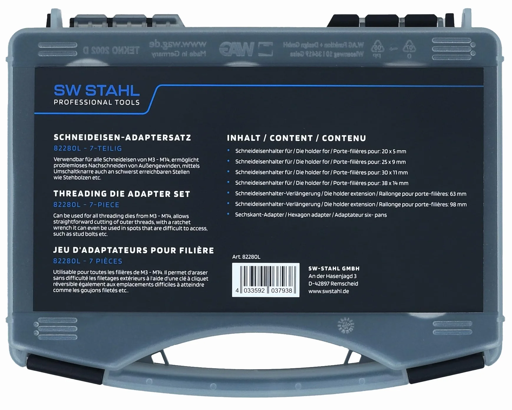 SW-Stahl 82280L uchwyt do narzynki, 7-częściowy zestaw przedłużający M3-M14 (20-38 mm grub.)