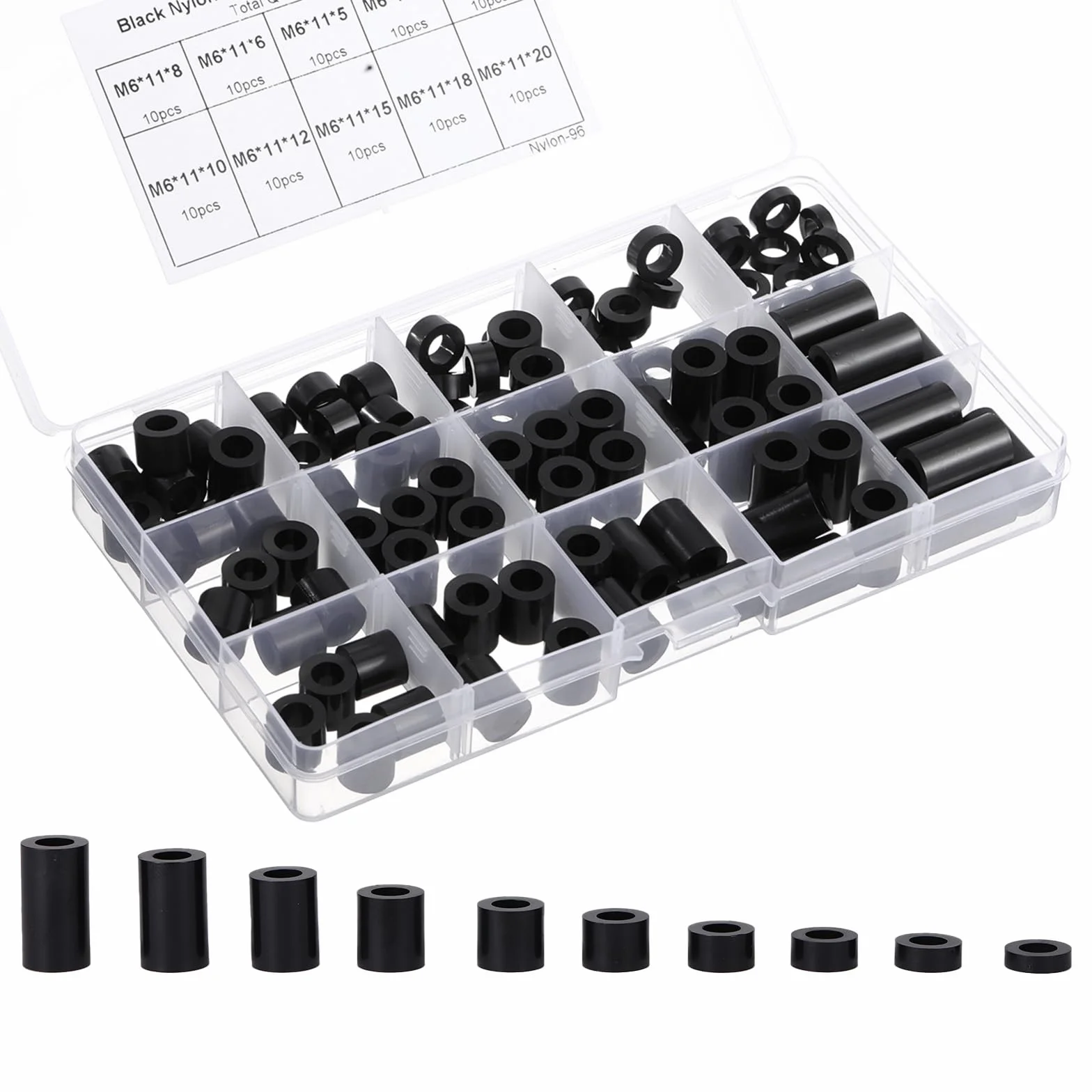 Zestaw podkładek dystansowych z tworzywa ABS, okrągłe, czarne, nylonowe, niegwintowane, nylonowe, okrągłe, dystansowe, czarne, tworzywo ABS, 6,2 mm