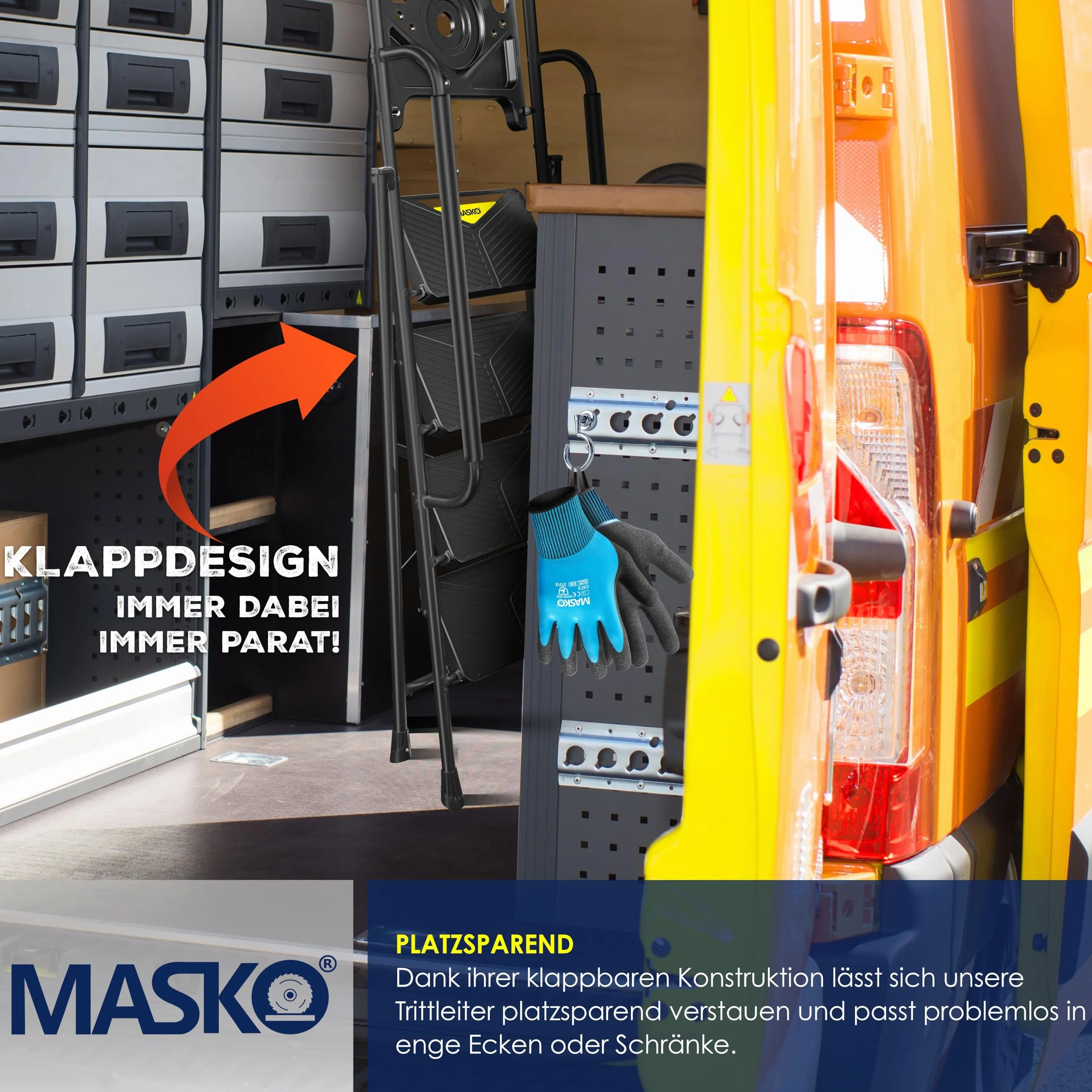 MASKO® Drabina składana, 4-stopniowa drabina z poręczami, obciążenie do 150 kg, antypoślizgowa drabina, rękawiczki, półka na narzędzia i automatyczny zamek, czarna