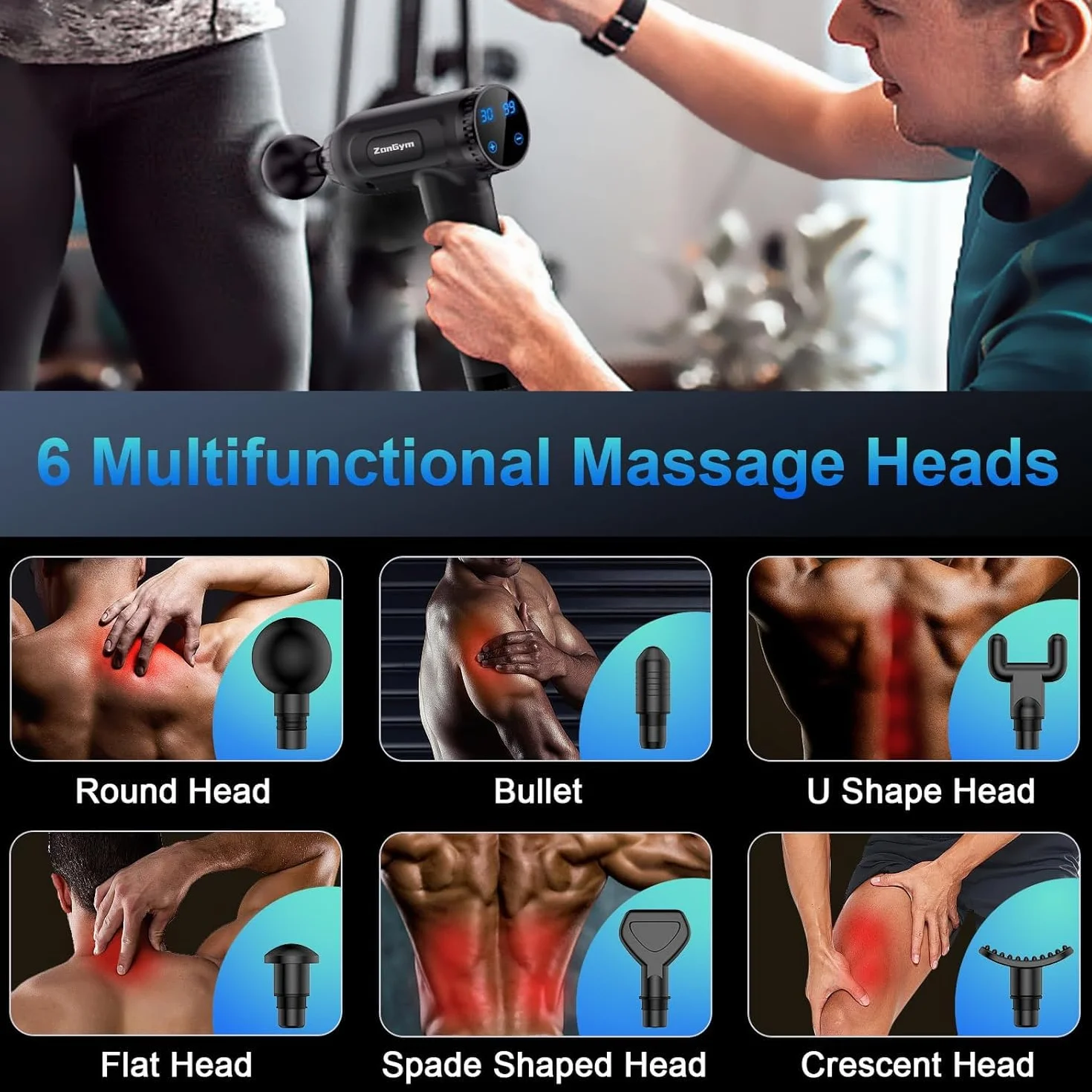 Massage Gun Deep Tissue, Percussion Muscle Massager Gun, 30 Speeds Quiet Handheld Massager for Muscle Neck Back Shoulder, LCD Touch Screen with 10 Heads