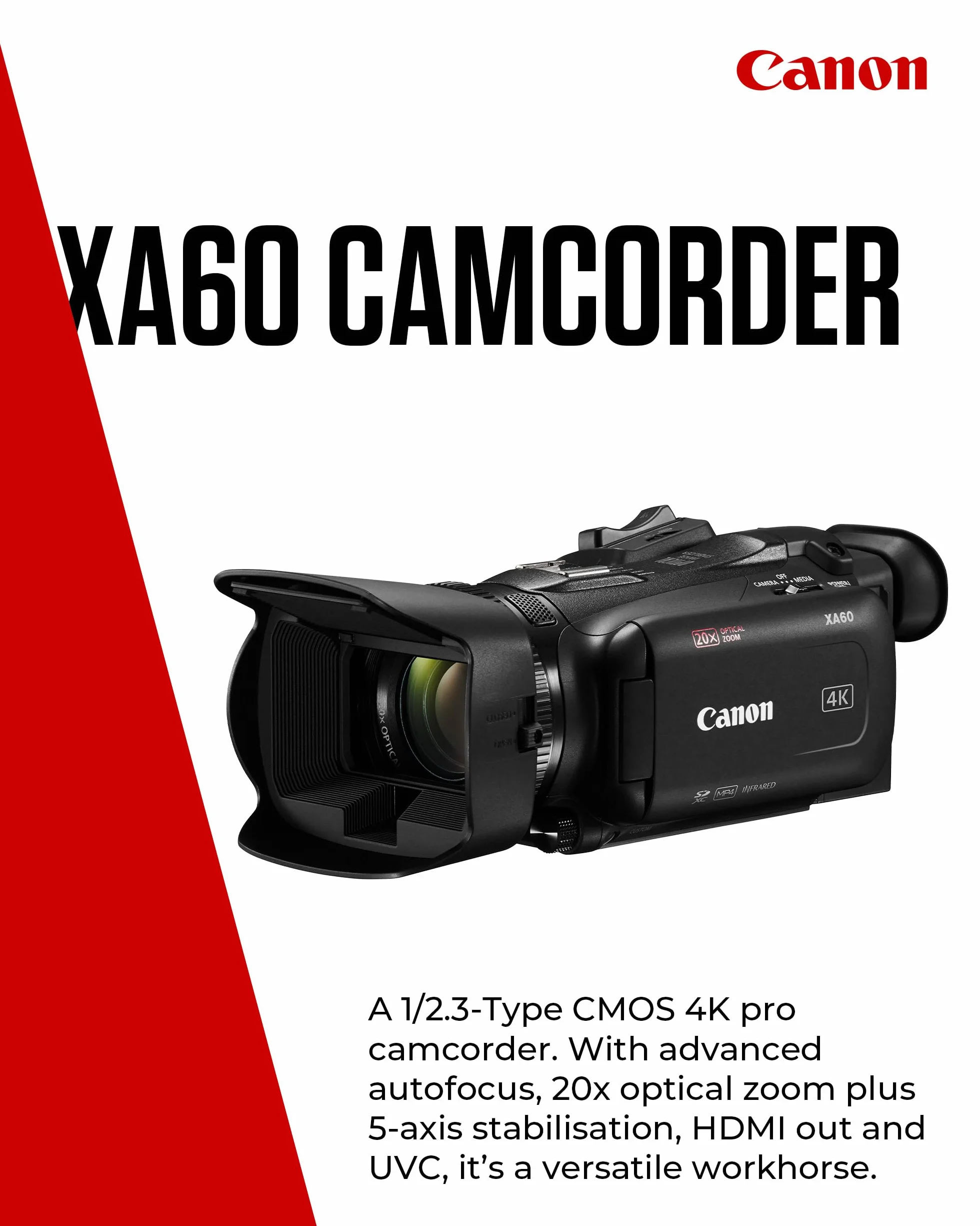 Canon XA60 4K Full HD (kamera UHD Zoom 20x, czujnik CMOS typu 1/2,3, automatyczna ostrość, 5-osiowa stabilizacja obrazu, wyjście HDMI, 3,5-calowy wyświetlacz LC, transmisja UVC) Czarny