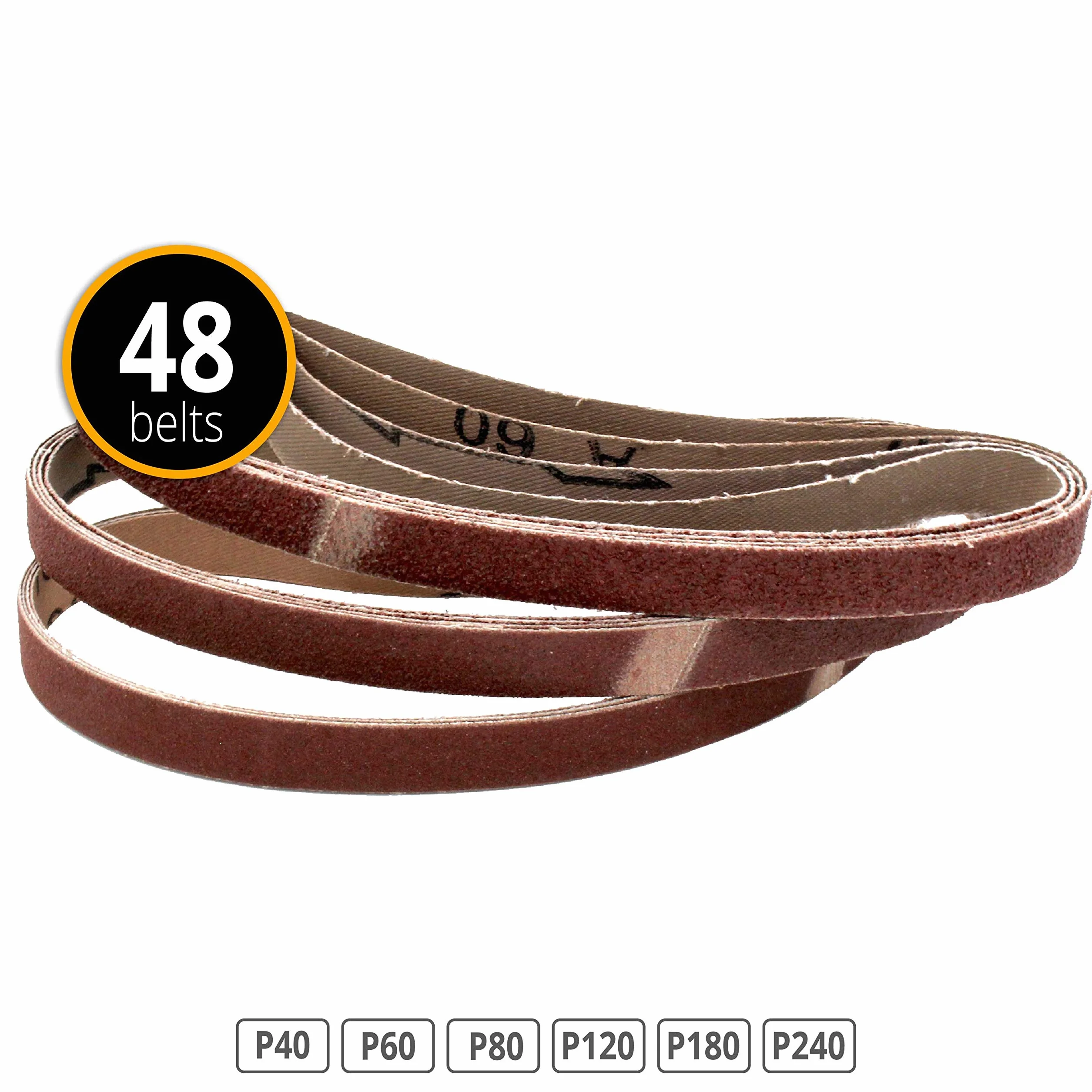Profesjonalne taśmy szlifierskie z tkaniny │ 48 sztuk │ 13 x 451 mm │ po 8 x ziarnistość 40/60/80/120/180/240 │ kompatybilne z pilnikiem elektrycznym Black&Decker® │ papier ścierny │ zestaw taśm szlifierskich