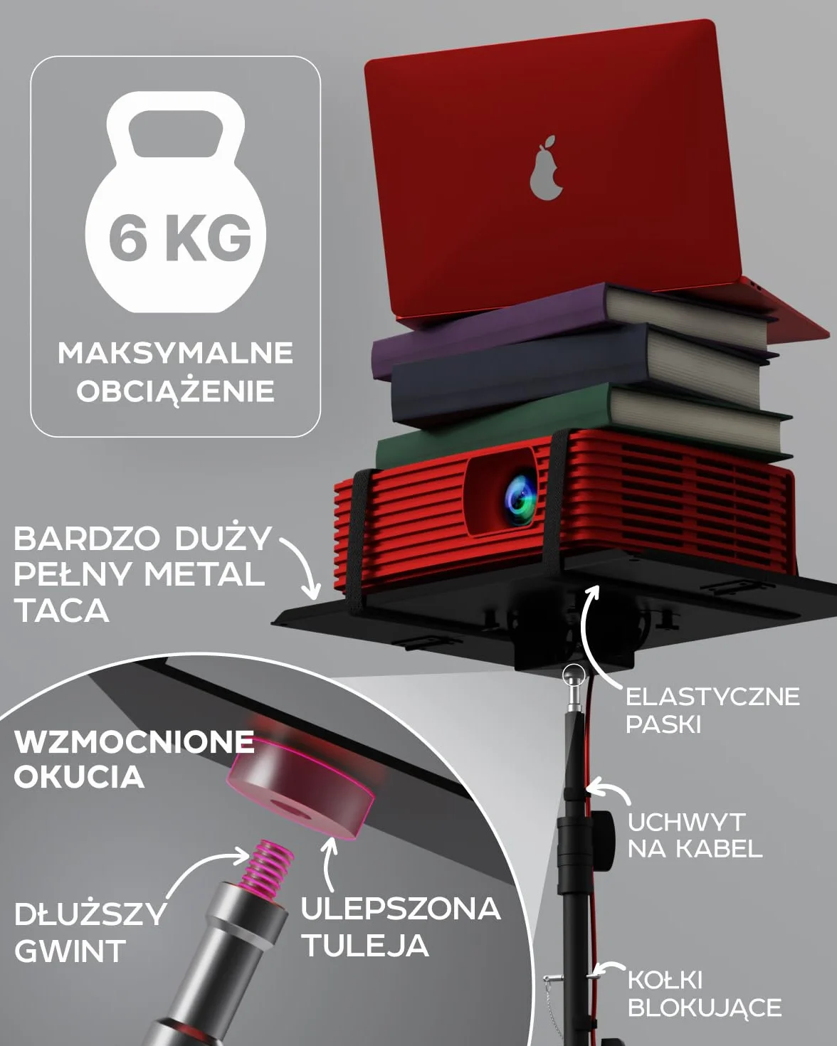 Statyw do projektora, regulowana wysokość od 66 cm do 150 cm i stojak na projektor podłogowy, przenośny stojak na laptopa, stojak na aparat fotograficzny, światło i głowicę kulową – dobrze wykonany,