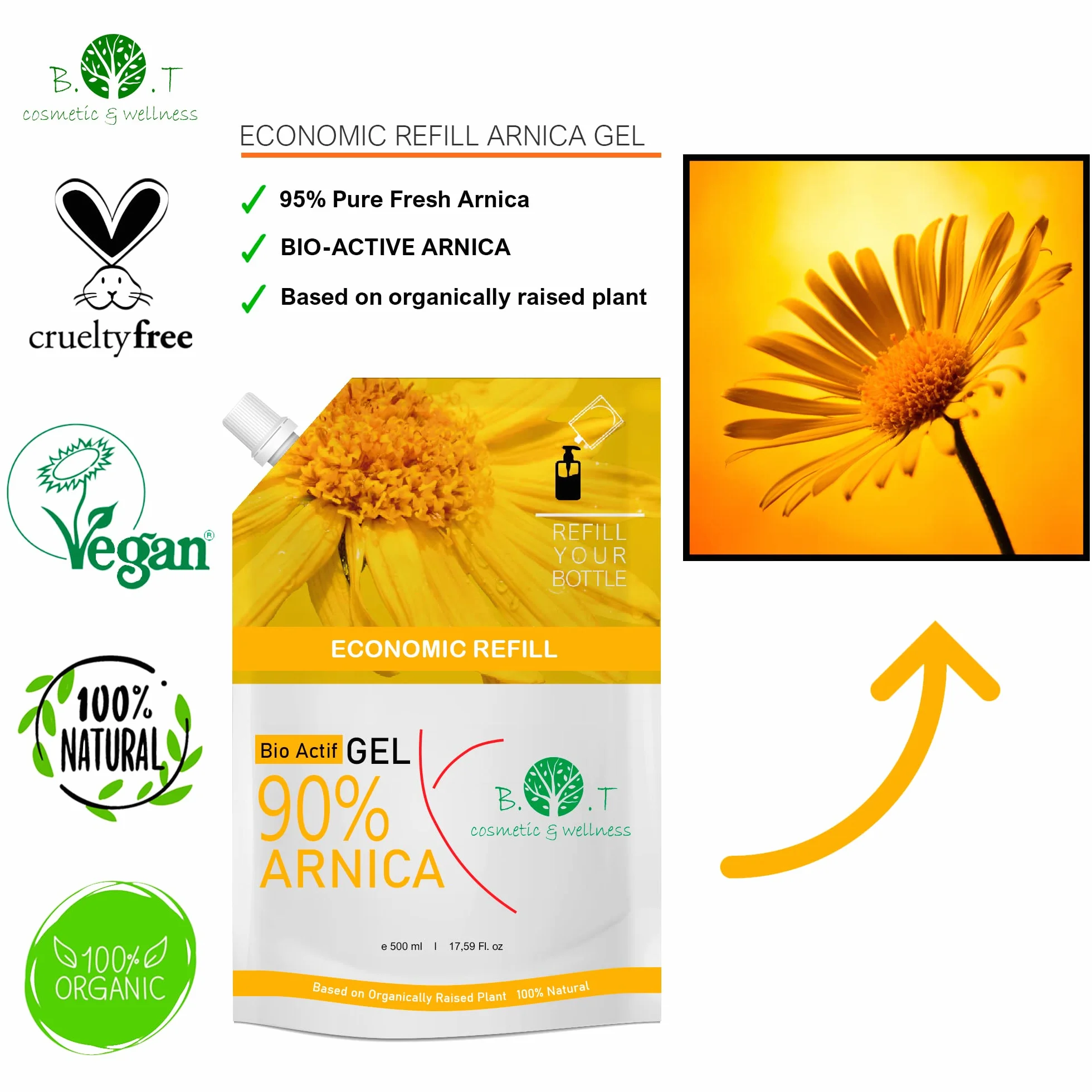 B.O.T Cosmetic & Wellness - 100% Naturalny Żel z Arniki 500ml | Ekstrakt z Kwiatu Arniki | Intensywny Żel do Masażu | Lekka i Nie Pozostawiająca Plam Tekstura | Wegański Produkt