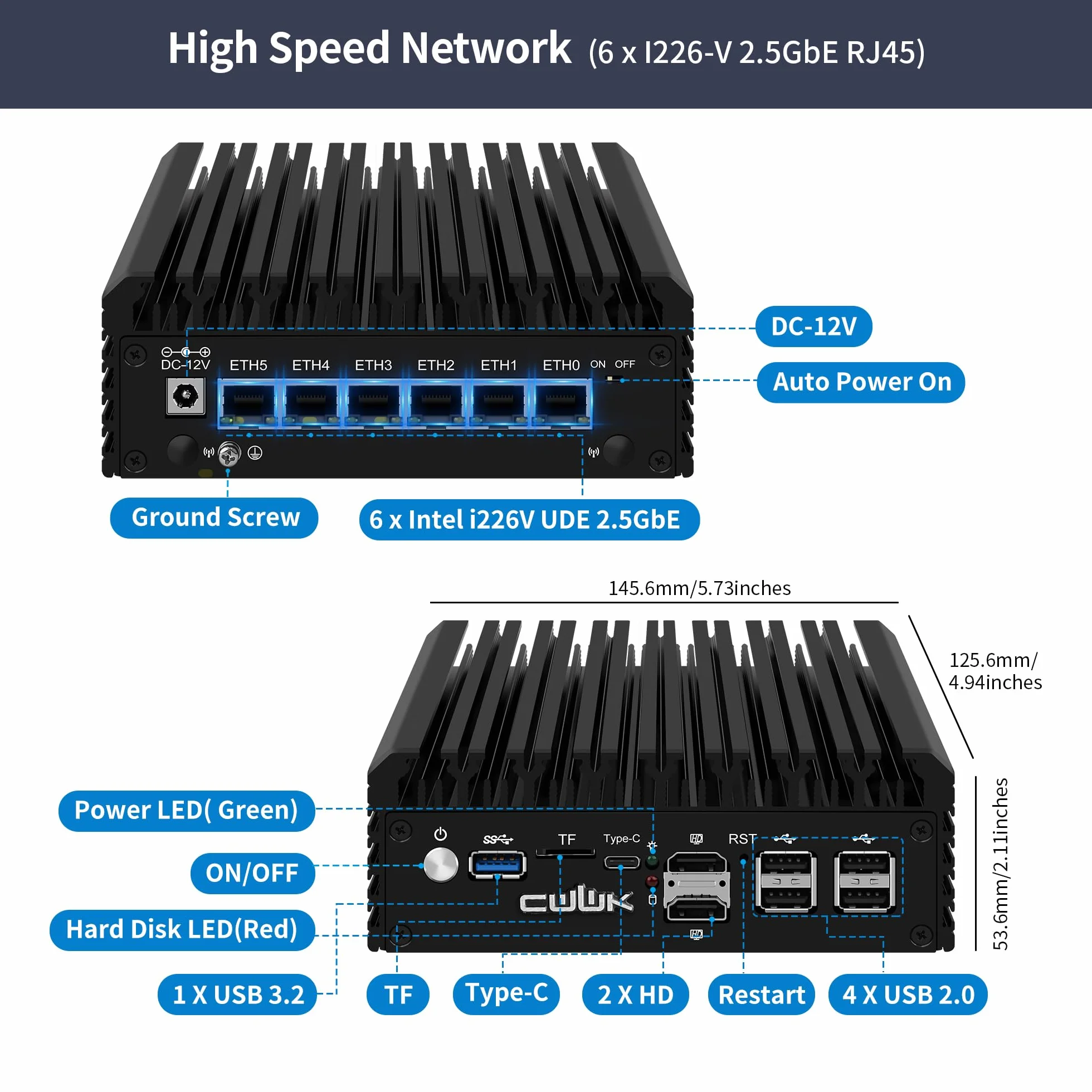 CWWK Mini PC N150 (Upgraded N100) Firewall Appliance, 6X i226-V 2.5GbE LAN OPNsense Mini Computer, F7 Fanless Micro PC DDR5 8GB RAM 256GB SSD, USB-C, 3-Display, TF, 2-NVMe, AES-NI