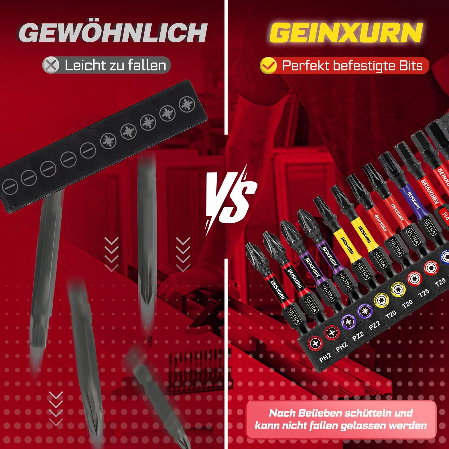 GEINXURN 13-częściowy zestaw bitów 50 mm PH PZ Torx Hex SL zestaw bitów udarowych, 1/4 cala sześciokątny trzpień S2 stal stopowa magnetyczny zestaw bitów do wkrętarek, ultra kod koloru