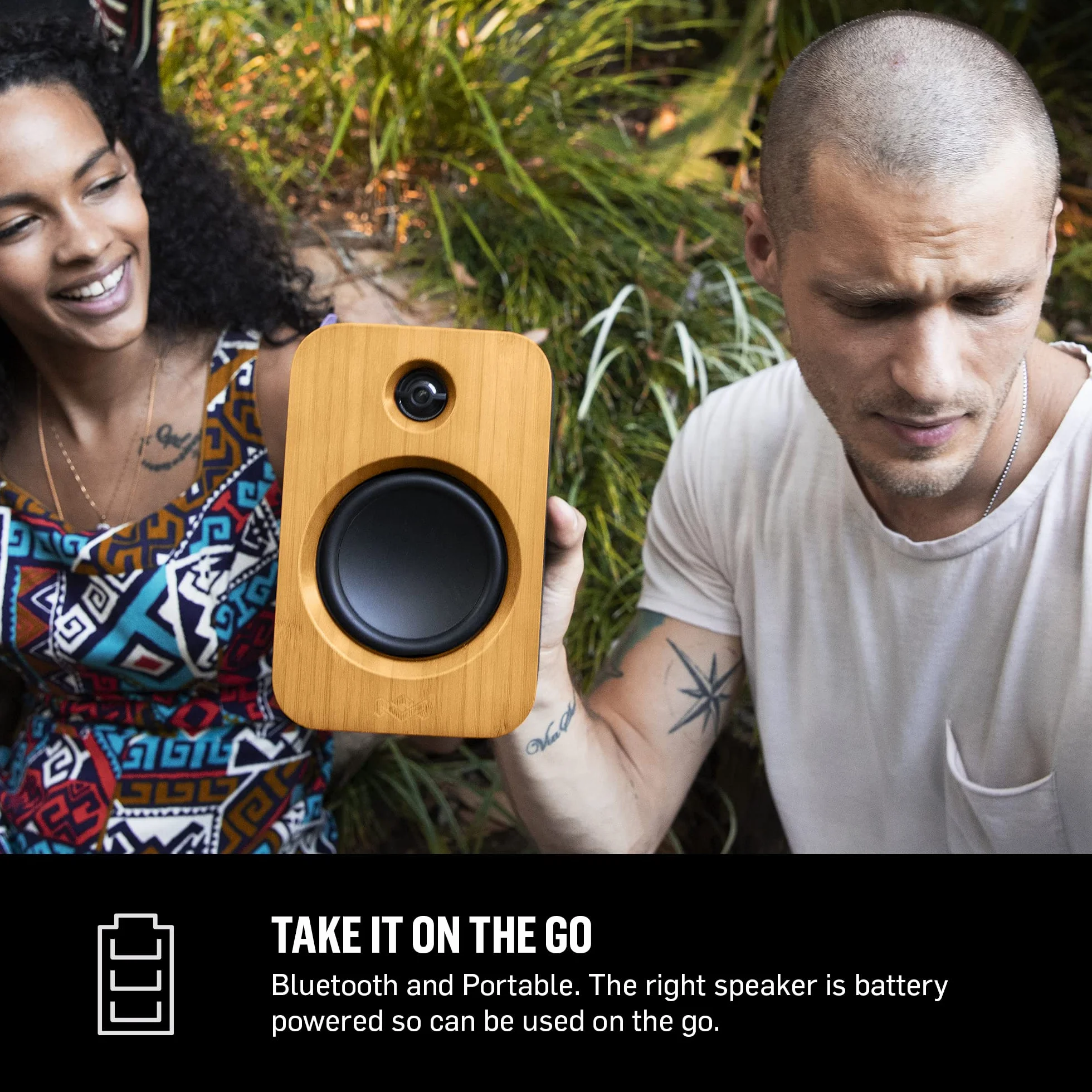 Marley Get Together Duo Bluetooth Speaker Bamboo - Głośnik Półkowy, Soundbar, 25h Bateria, Wzmacniacz Wysokiej Rozdzielczości, Czarny