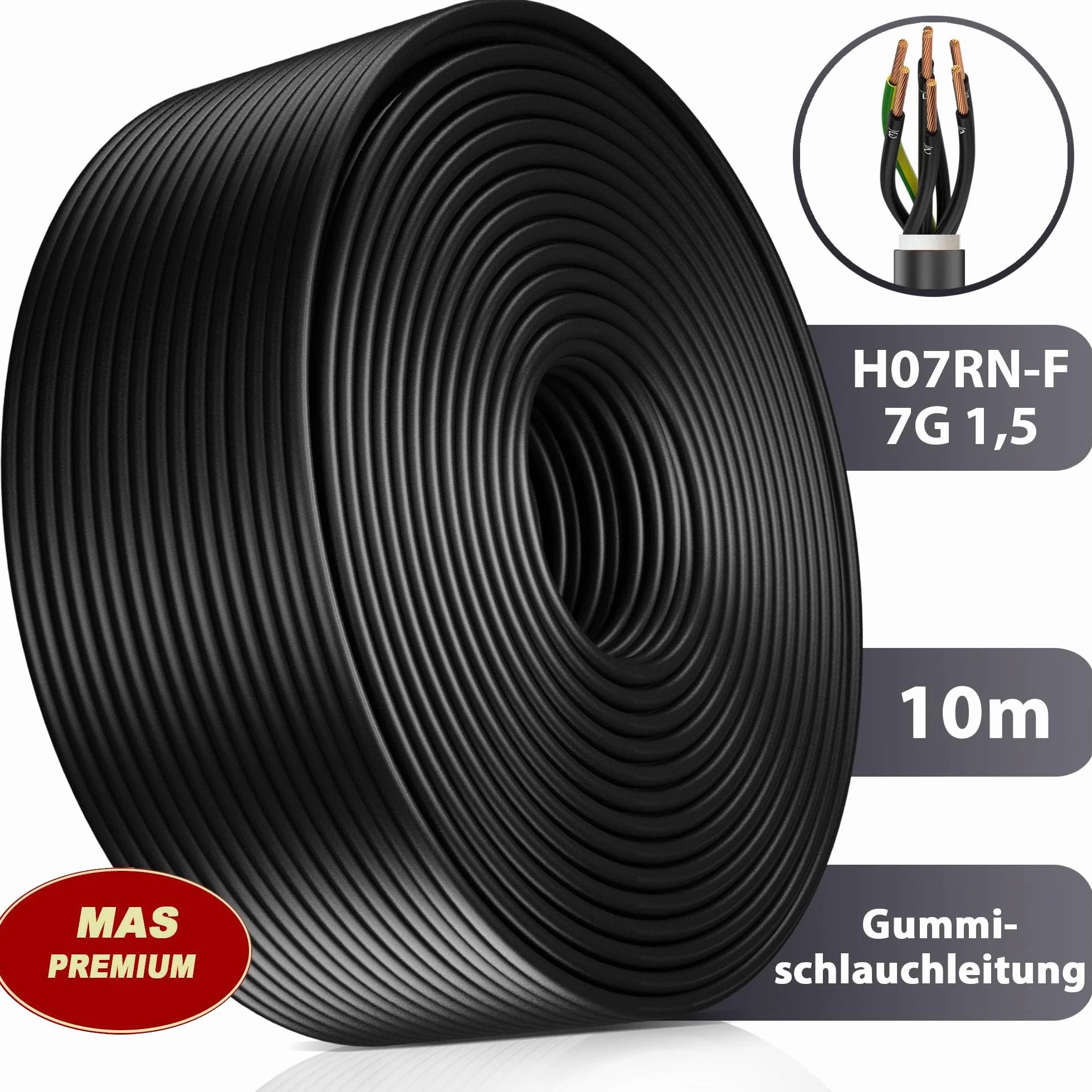 MAS Premium Przewód gumowy 5-80 m, kabel zasilający na plac budowy H07RN-F 7G 1,5 lub 2,5, elastyczny przewód z przewodem ochronnym do ciężkich urządzeń (H07RN-F 7G1,5 mm², 10 m)