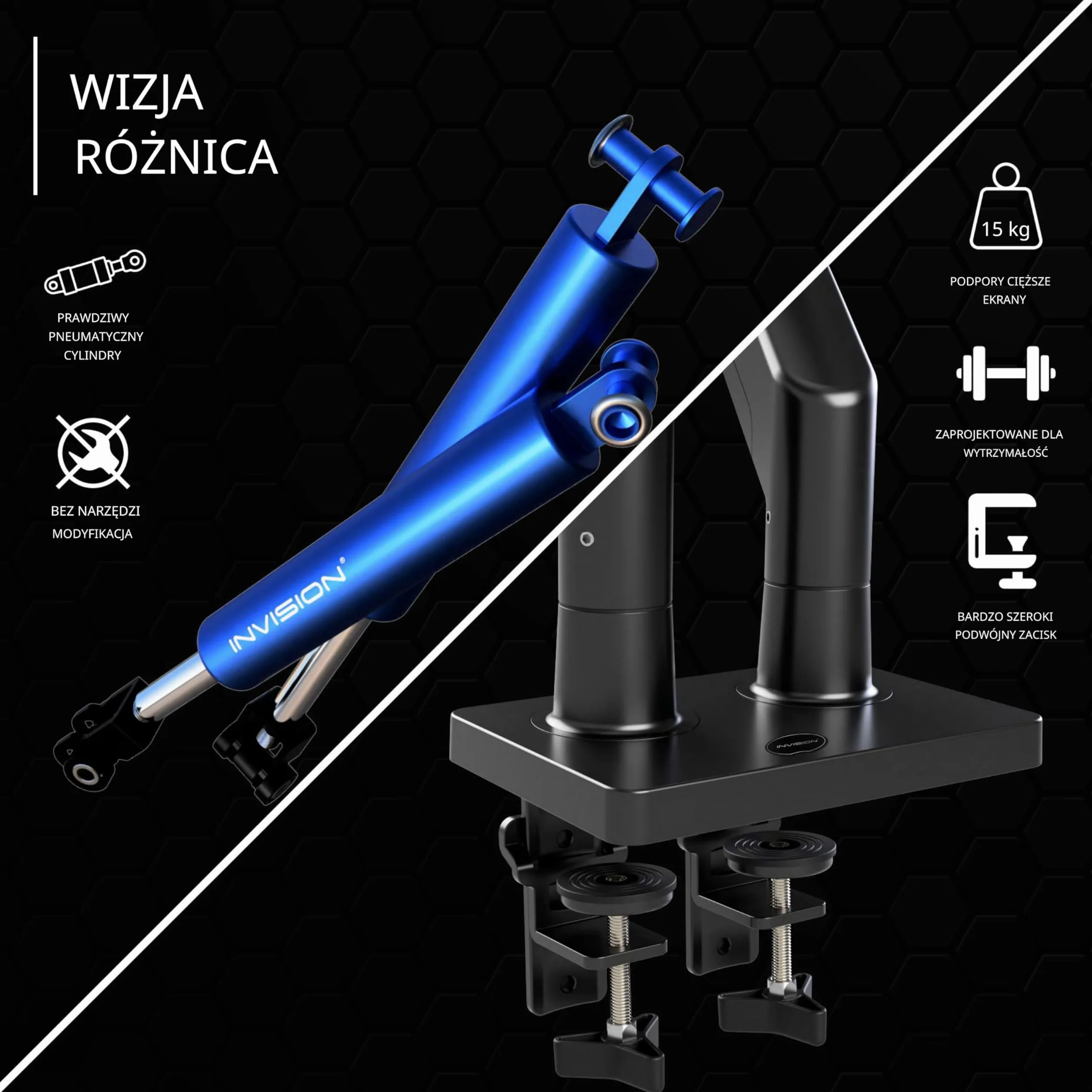 Invision Uchwyt na 2 Monitory do Płaskich i Zakrzywionych Ekranów 24-35 cali, Uchwyt na 2 Monitory z Regulacją Wysokości, 2-15kg/Ramię, Uchylny, Obrotowy, VESA 75/100 mm, Mocowanie do Stołu (MX900)