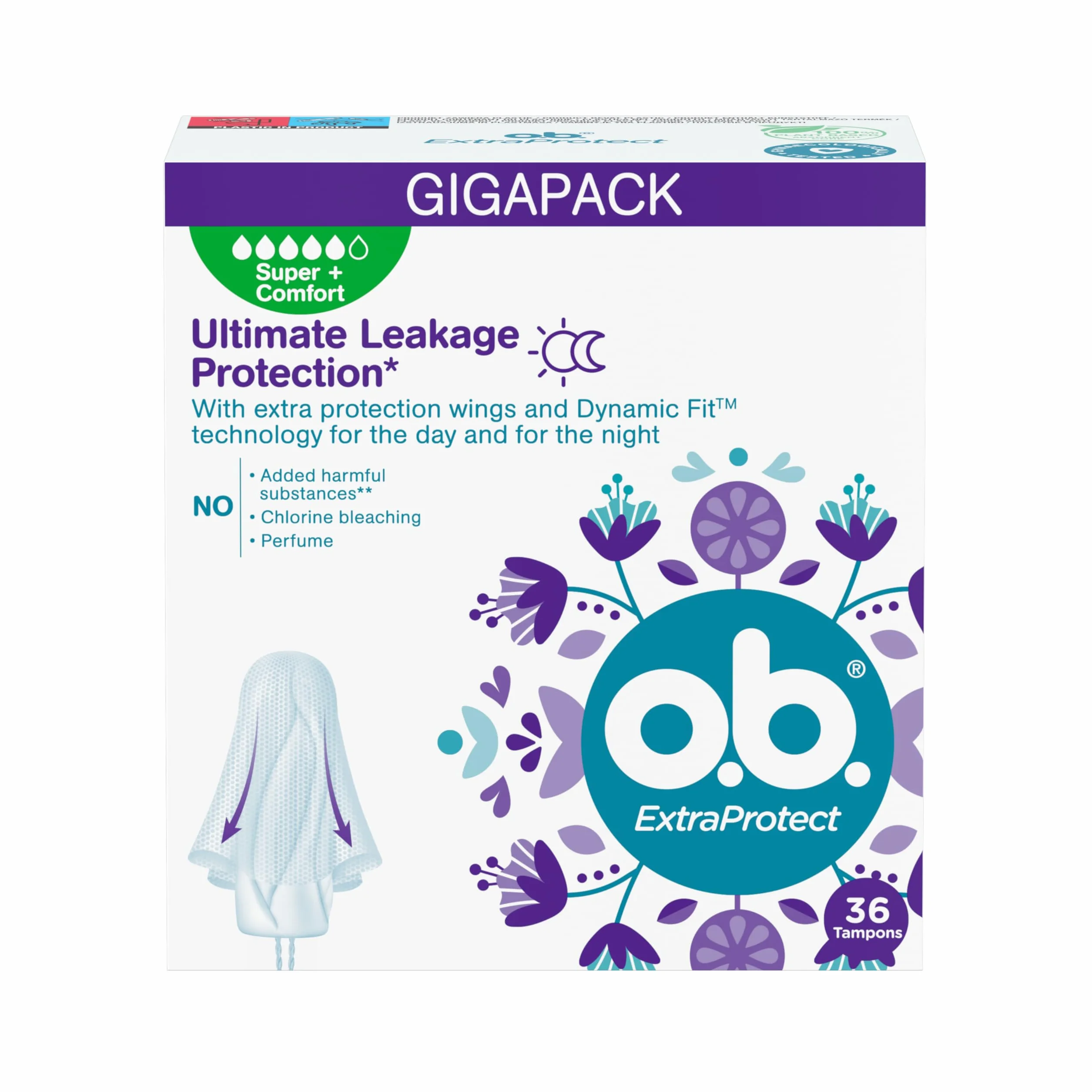o.b. ExtraProtect Super Plus Tampony 36 szt., dodatkowe skrzydełka zabezpieczające, do 100% ochrony przed przeciekaniem w dzień i w nocy, na bardzo obfite krwawienie, duże opakowanie
