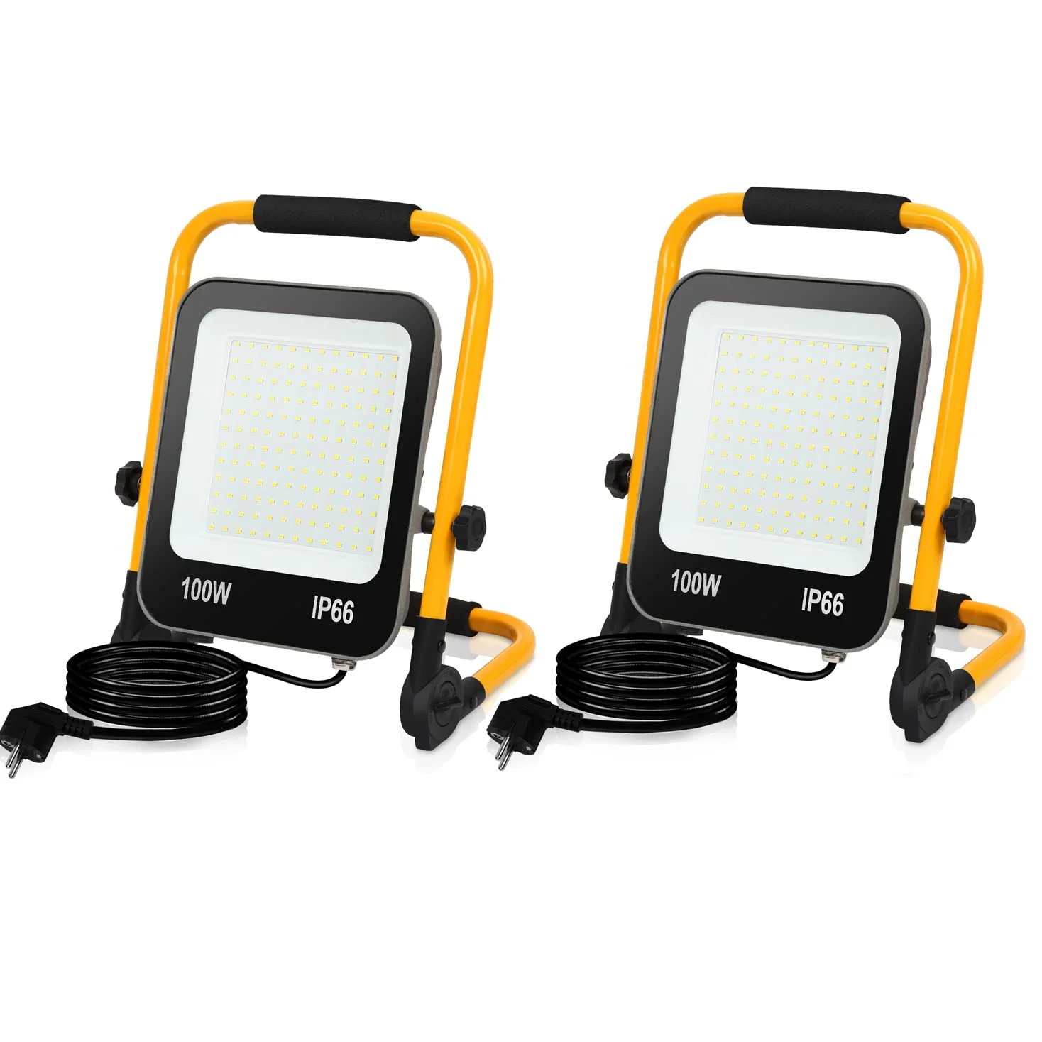 Ikodm Reflektor budowlany LED, 2 x 100 W, przenośny reflektor, 10000 lm, 6000 K, zimna biel, reflektor budowlany, lampa robocza IP66, kabel M i składany stojak do warsztatu (z wtyczką)