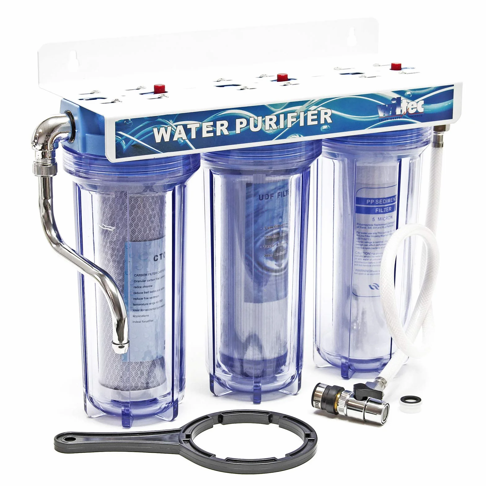Naturewater NW-PR103 3-stopniowy filtr do wody, 5 µ, 20,67 mm (1/2"), wkład PP Ø62 mm, uchwyt ścienny filtra, klucz do filtra, filtr osadów blok węgla aktywnego granulat węgla aktywnego