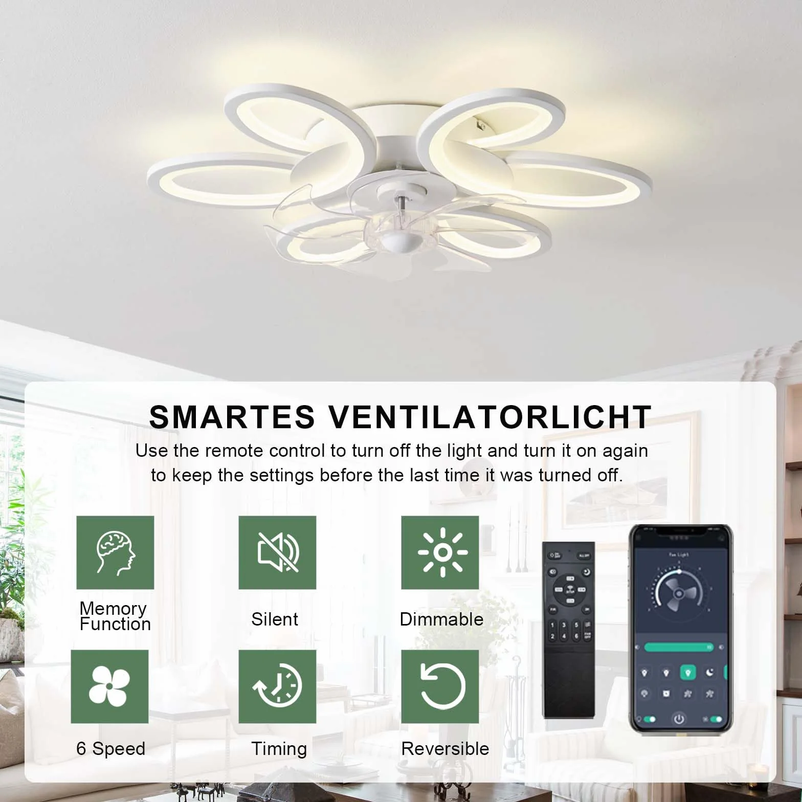Kwiatowe Wentylatory Sufitowe Ze Światłami I Pilotem, Ściemniana Lampa Sufitowa LED Z Wentylatorem, 6-biegowe Wentylatory Sufitowe DC Z Lampami I Funkcją Pamięci Do Salonu-White||Remote+App