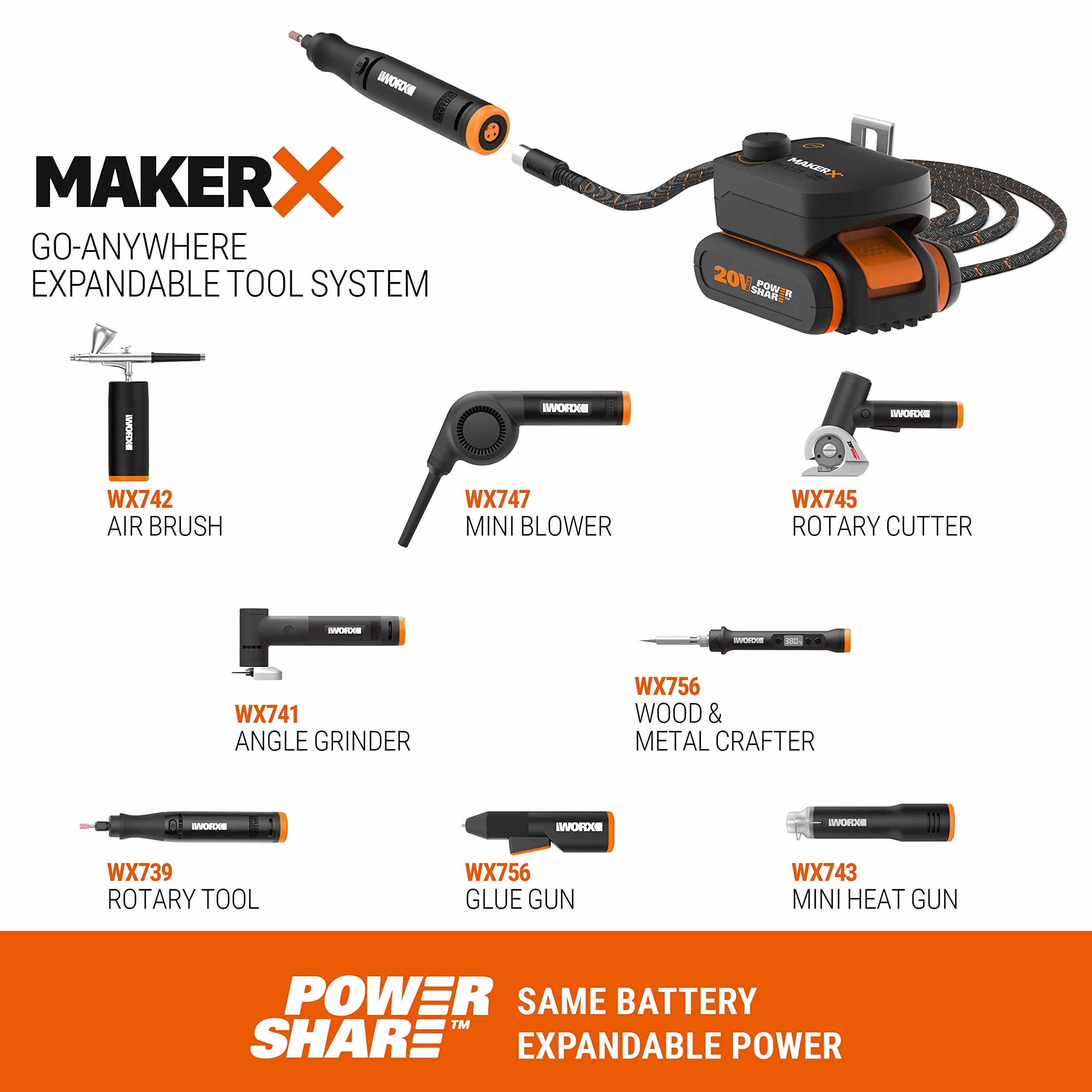 WORX MakerX 18V (20 V MAX) narzędzie obrotowe + grawer do drewna i metalu + szlifierka kątowa, zestaw Combo 3 narzędzia WX991, PowerShare, 1 bateria w zestawie, 48 akcesoriów w zestawie