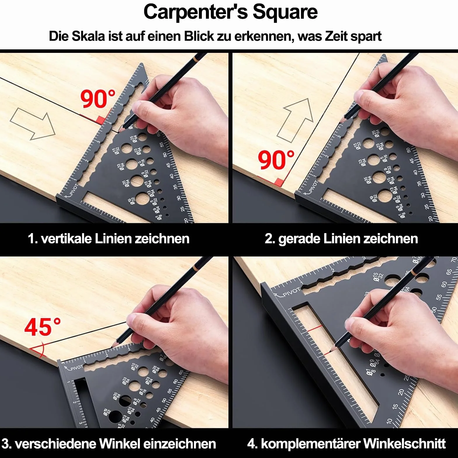 Carpenter's Square, kątomierz ciesielski, kątomierz stolarski, wielofunkcyjny kątomierz stolarski, 90 stopni, pogrubiony trójkąt, kątomierz, dla ciesli, dekarzy, inżynierów