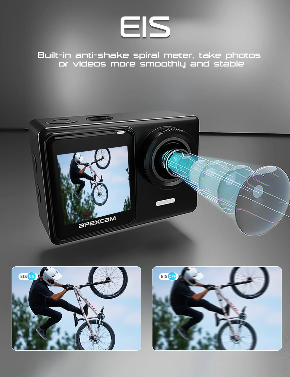Apexcam Action Cam 4K 30FPS 20MP Dual Screen Wodoodporna 40m WiFi 170° Wide Angle z 2x baterie 1350mAh
