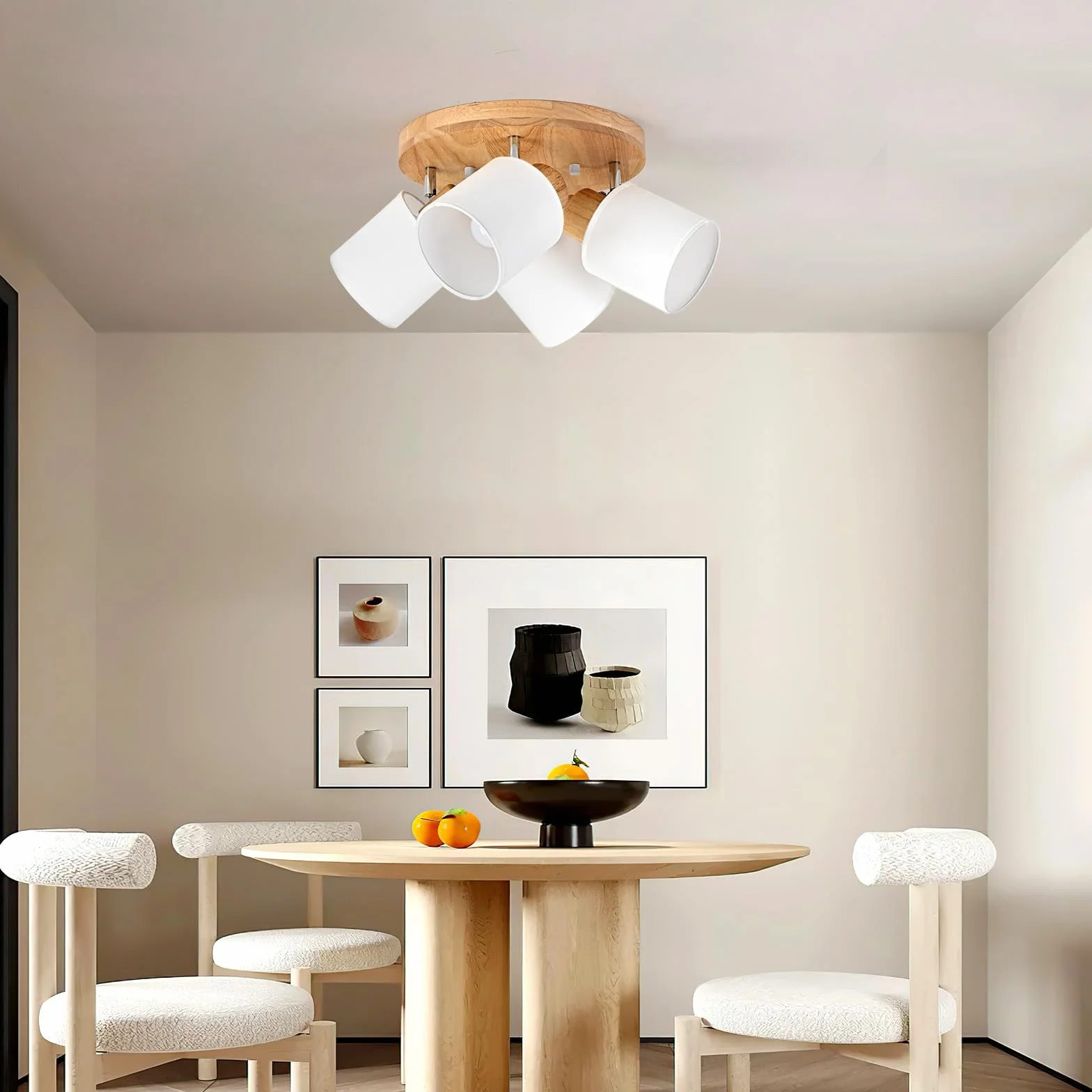 Lampa sufitowa 4 obrotowe reflektory, okrągłe drewno oświetlenie sufitowe oprawa wewnętrzna Retro E14 kinkiet do salonu, sypialni, kuchni, jadalni 230 V, bez żarówek
