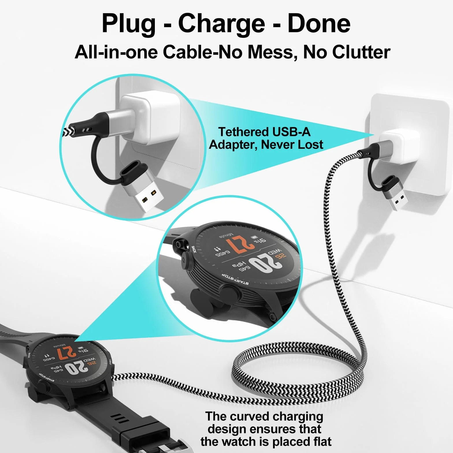 Adapter USB C do zegarka Garmin, kabel ładujący do Fenix 8 E 7 7X 7S Sapphire Solar, Forerunner 970 965 955 570 265 255 165 55 45, Vivoactive 6 5 4 Czarny/Biały