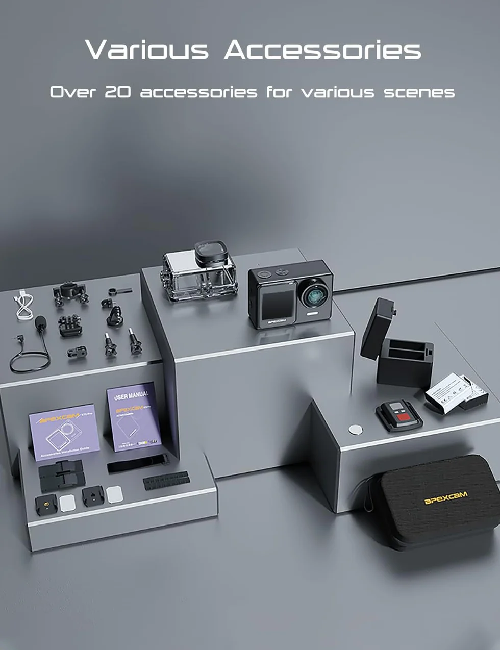 Apexcam Action Cam 4K 30FPS 20MP Dual Screen Wodoodporna 40m WiFi 170° Wide Angle z 2x baterie 1350mAh