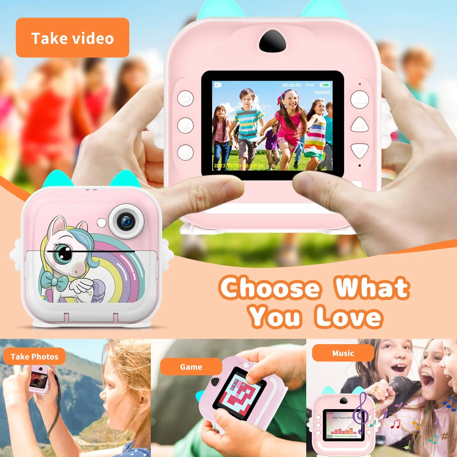 Aparat cyfrowy dla dzieci, 1080P 2.4" HD Aparat fotograficzny dla dzieci z kartą 32 GB i papierem do drukowania, natychmiastowa kamera wideo selfie dla dzieci w wieku 6 lat i starszych, prezent