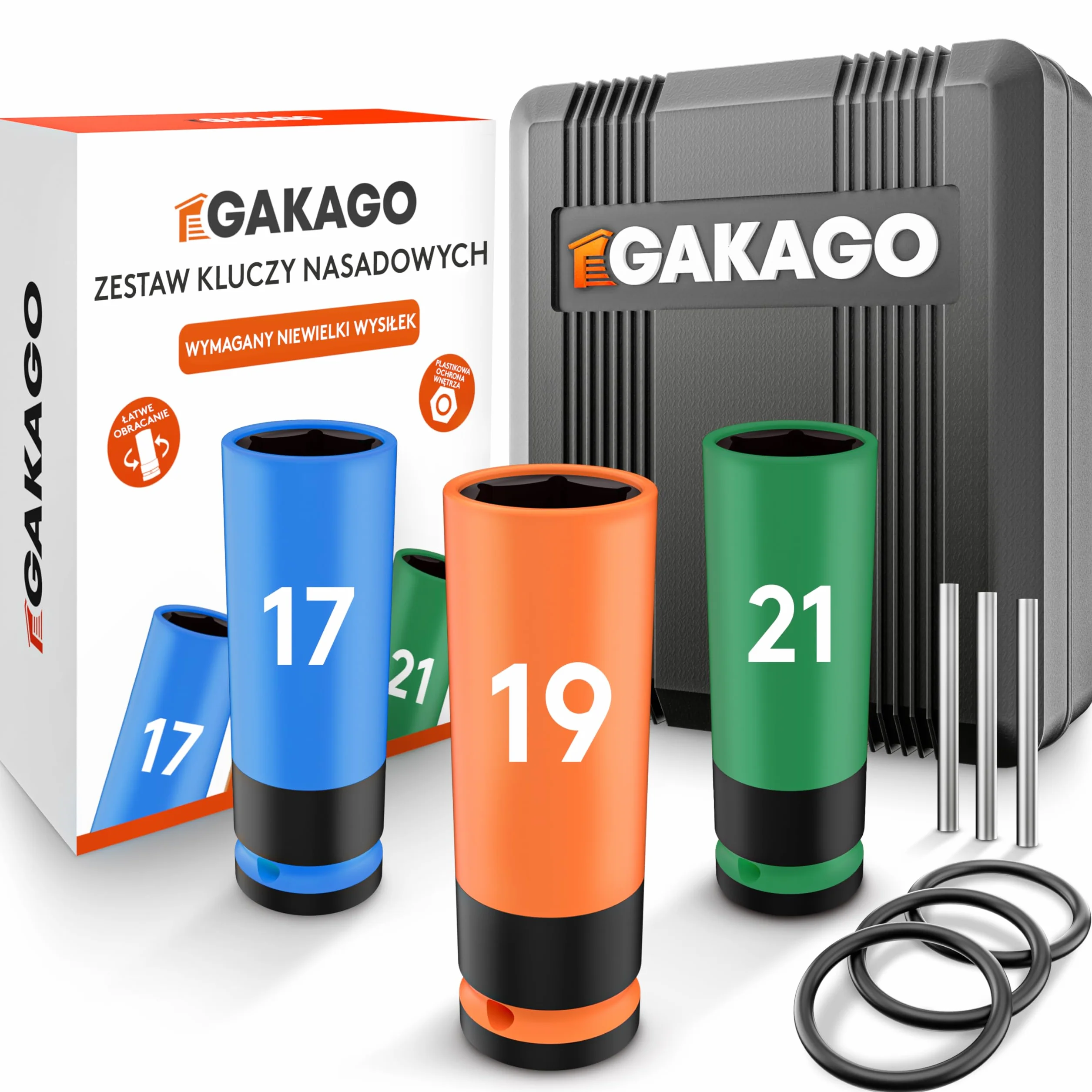 Gakago Zestaw nasadek do śrub kół 17mm 19mm 21mm z plastikową osłoną obręczy - nasadka 1/2 cala do kluczy dynamometrycznych i udarowych z zawleczką i pierścieniem zabezpieczającym