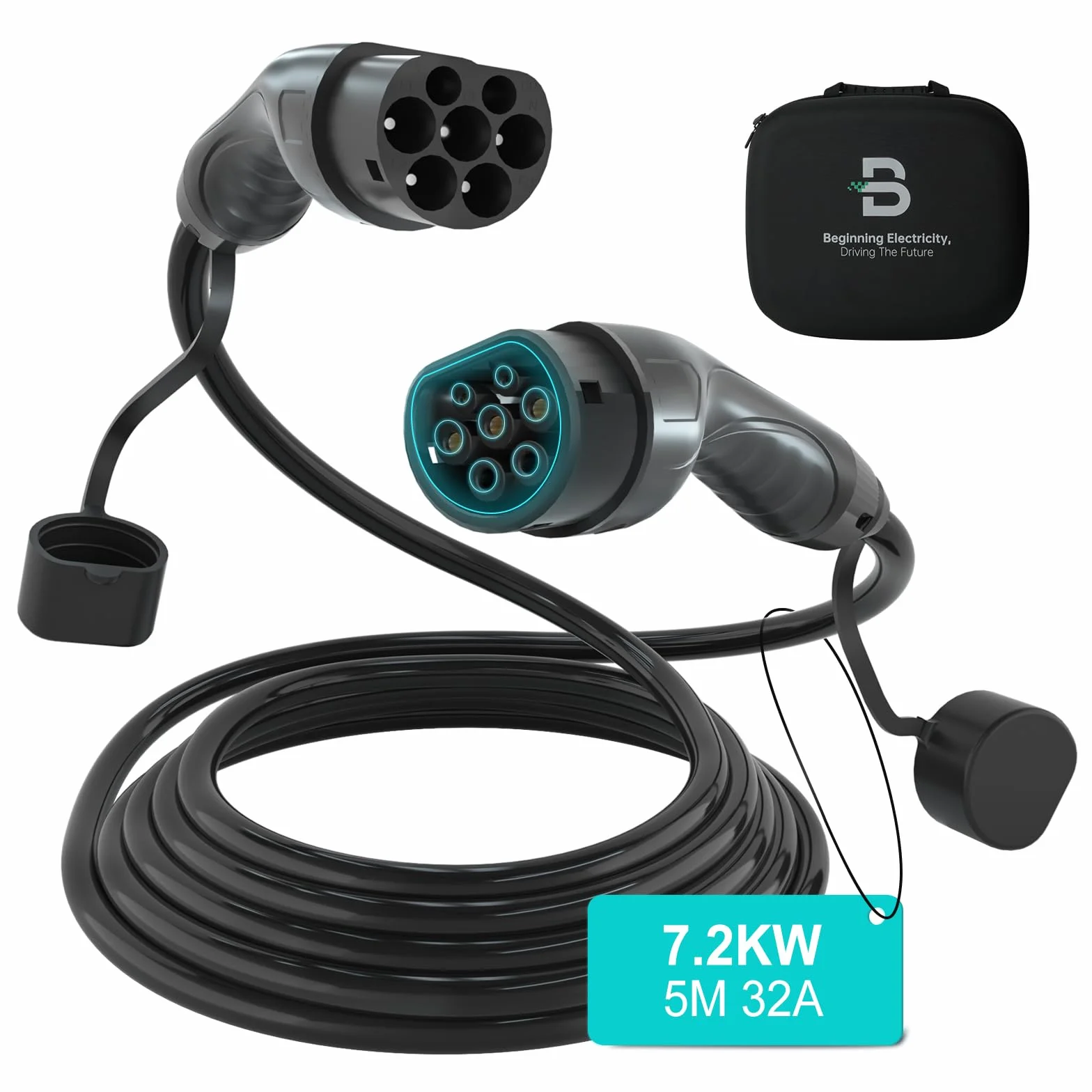 BENY Kabel do ładowania Typ 2 7,2kW 32A, 5m, do EV i PHEV, Kabel do ładowania samochodów elektrycznych z torbą transportową, 1-fazowy, IP54, IEC 62196-2