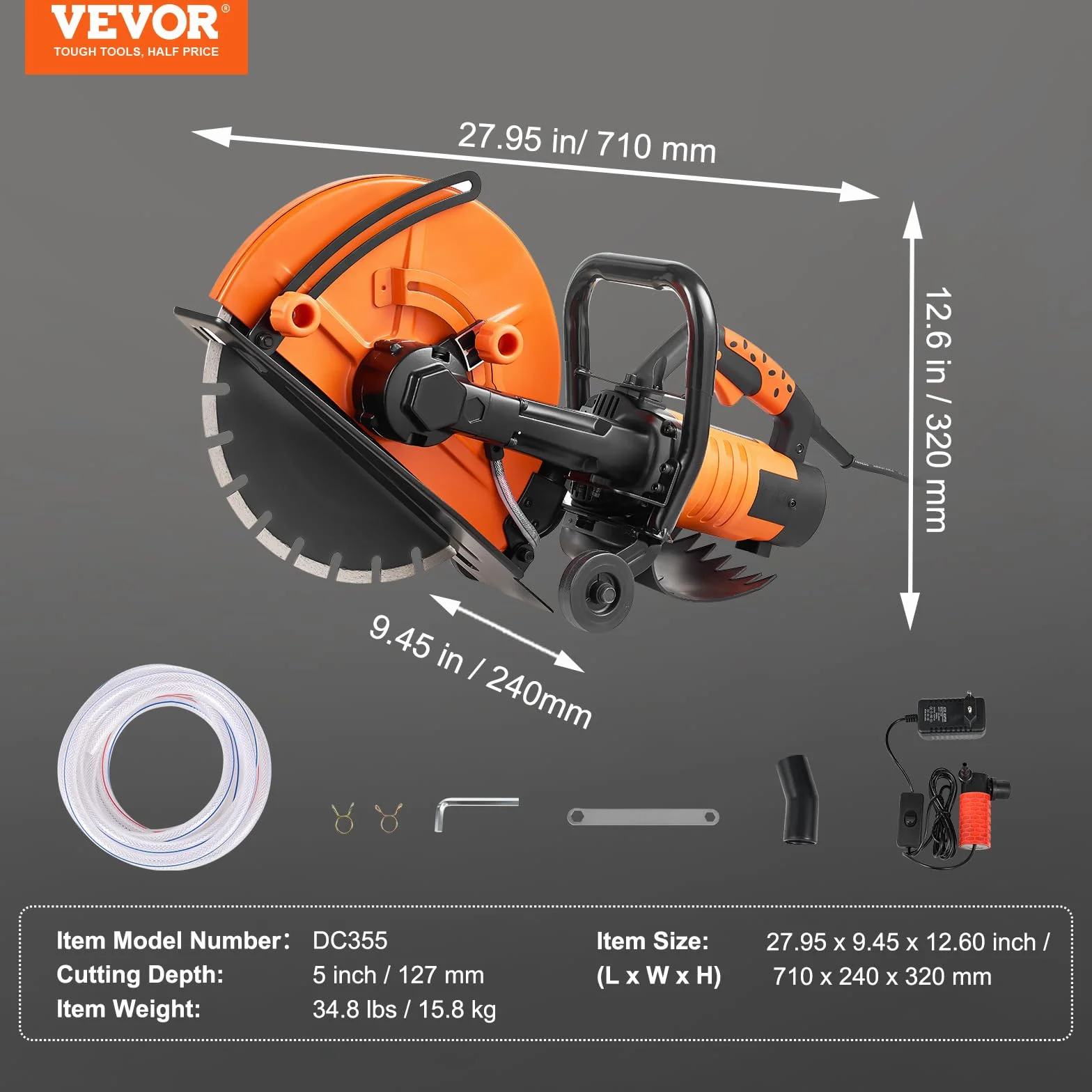 VEVOR Elektryczna piła do betonu, 356 mm, wysokowydajna piła tarczowa 2800 W, głębokość cięcia 127 mm, piła tarczowa na mokro/sucho z rurą wodną, pompą wodną, brzeszczotem, do kamienia i cegły