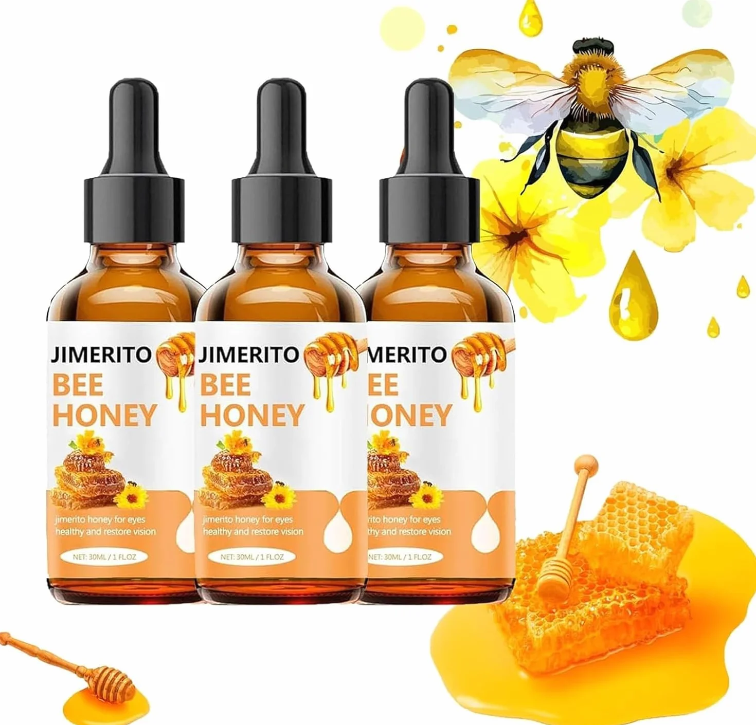 Jimerito Honey for Eye, Jimerito Honey Eyes Drops, Uspokajają I Odżywiają Oczy 100% Naturalnymi Kroplami Do Oczu Z Bezżądłowym Miodem Pszczelim, Dla Oczu, Dla Zdrowia Oczu, Odporności (3 Szt.)