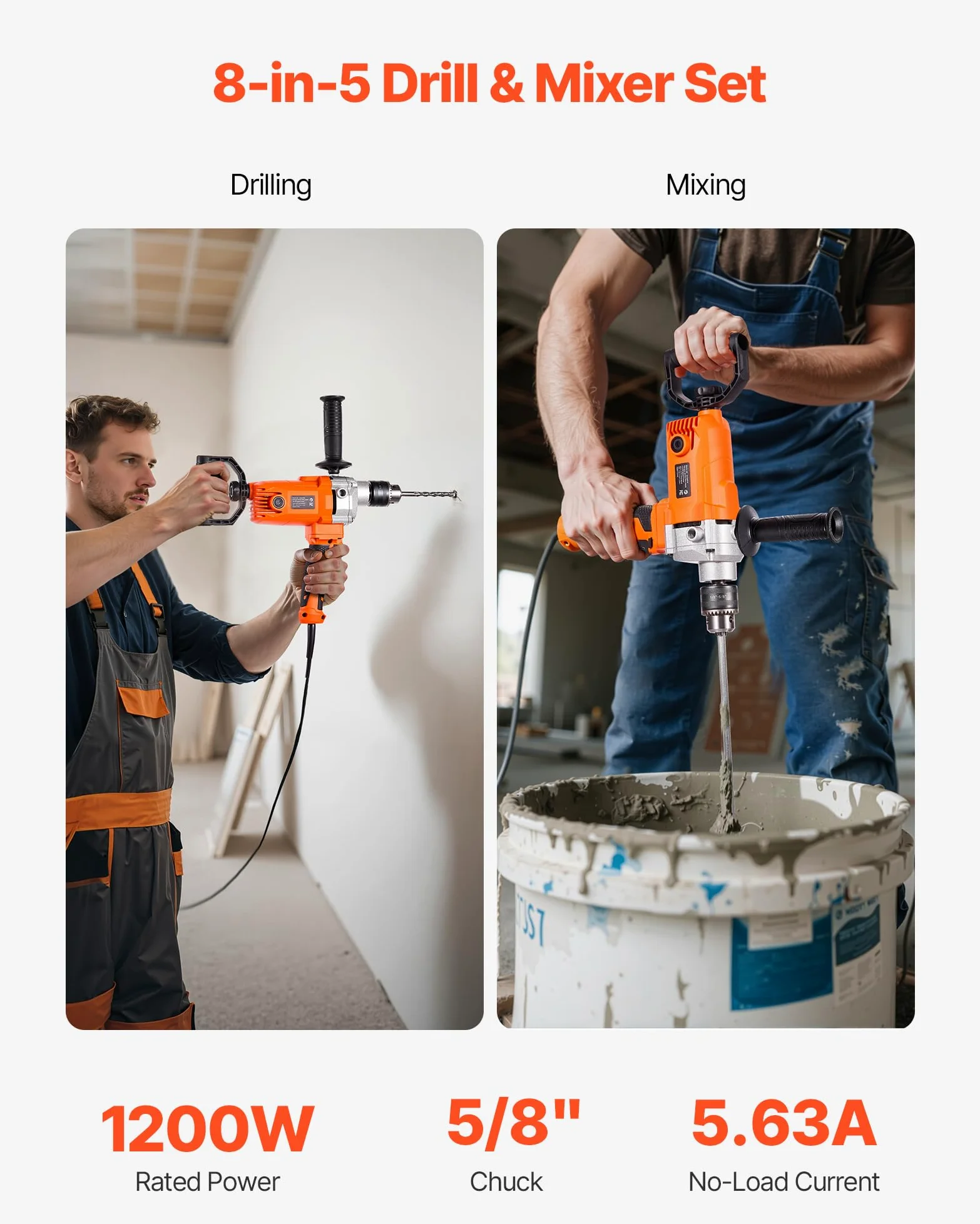 VEVOR Mieszalnik elektryczny 15,89 mm 1200 W z mieszadłem 750 obr./min 3,2 A Wiertarka mieszająca z uchwytem D do wiercenia i mieszania betonu
