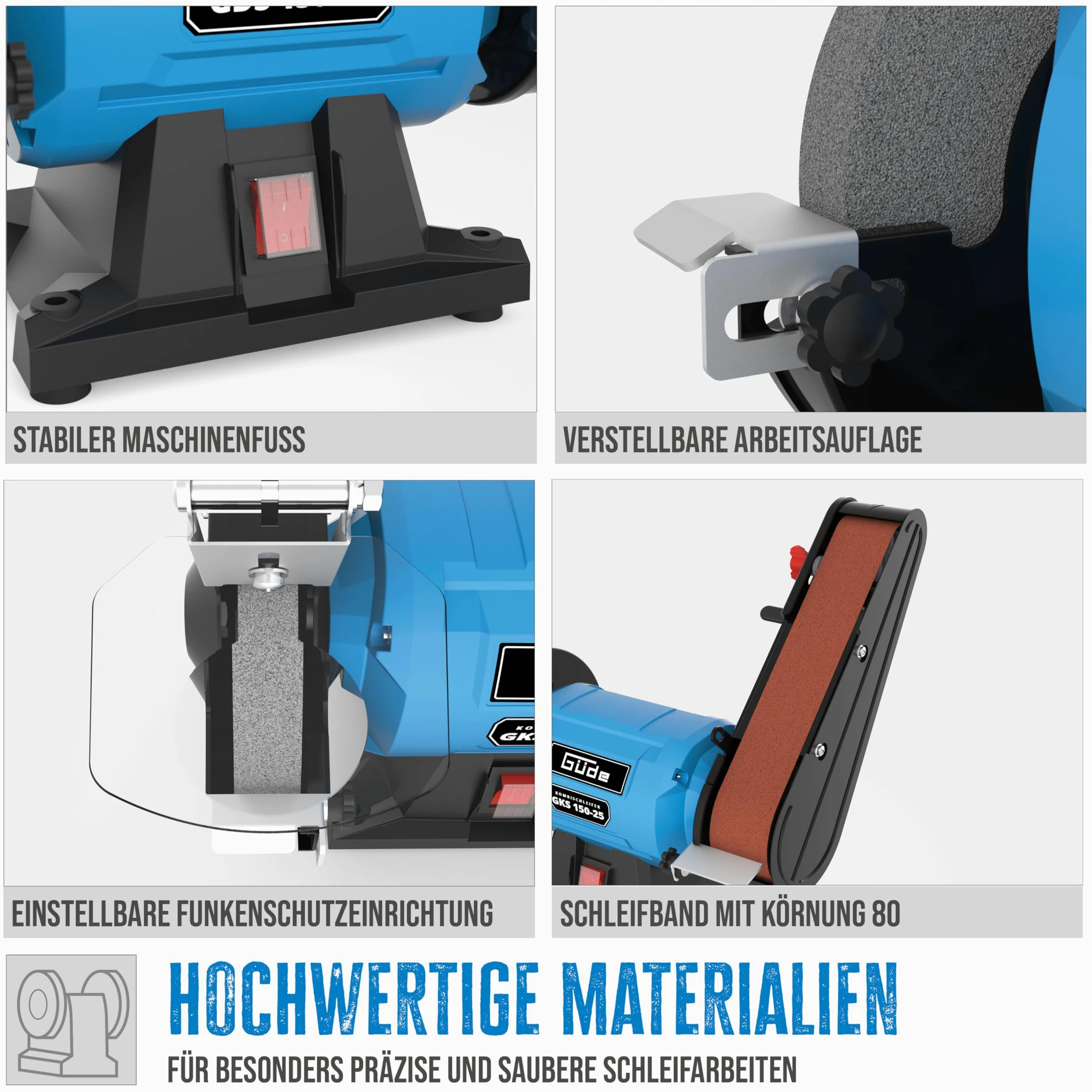 Güde Szlifierka kombinowana GKS 150-25 (250 W, 2980 1/min, silnik kondensatorowy, stabilna podstawa maszyny, regulacja urządzenia zabezpieczającego przed iskrami, drobna tarcza szlifierska ø 150 mm 36