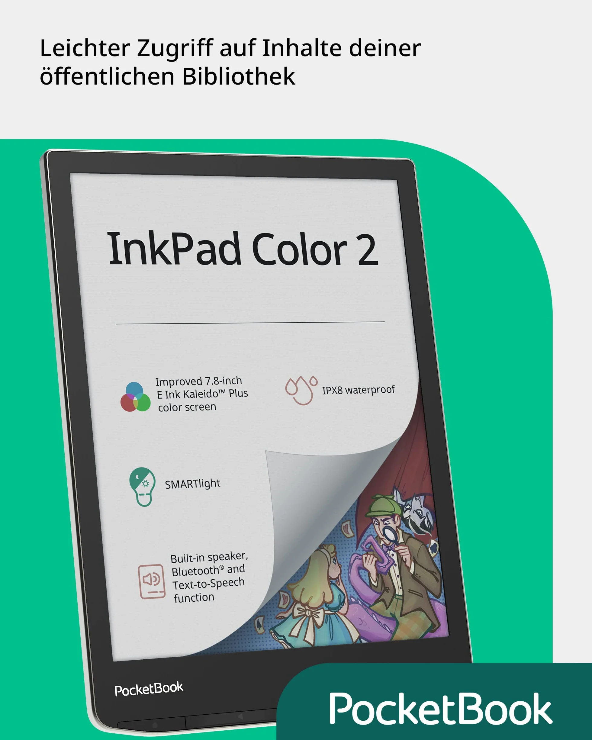 PocketBook Czytnik e-booków 'InkPad Color 2' (wersja niemiecka) 32 GB pamięci, 19,8 cm (7,8 cala) wyświetlacz E-Ink Kaleido, IPX8 – Moon Silver
