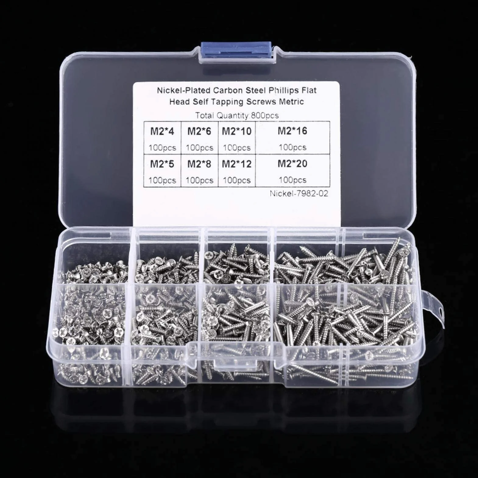 Akozon 800PCS M2 zestaw wkrętów samogwintujących wkręty samogwintujące z łbem krzyżowym z płaskim łbem łącznik do drewna z pudełkiem