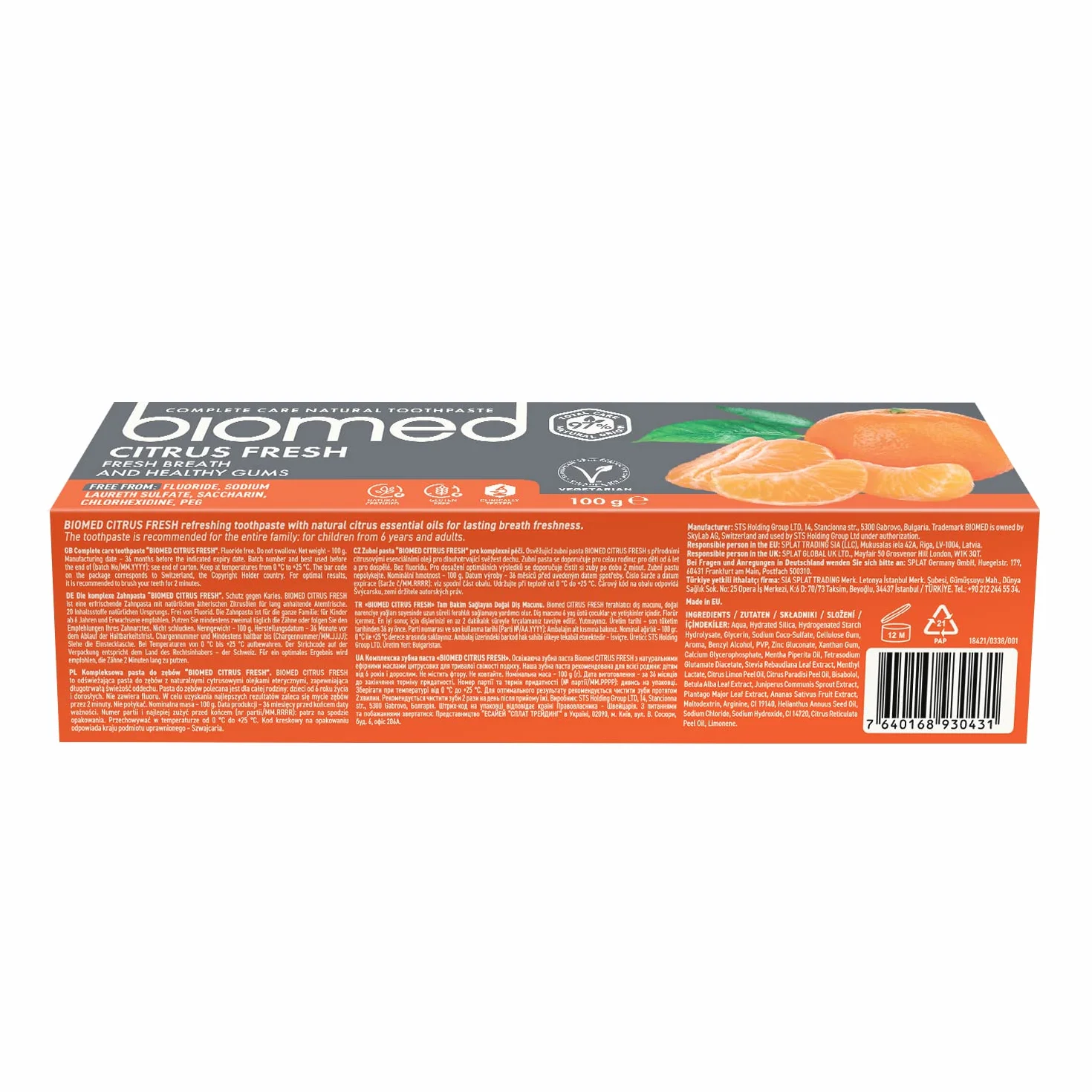 Biomed Citrus Fresh 97% Naturalna pasta do zębów/pomarańczowy, świeży oddech | zdrowe dziąsła/mandarynka grejpfrut cytryna olejki eteryczne, aromat owocowy, Wegetariański, SLES Free 100g