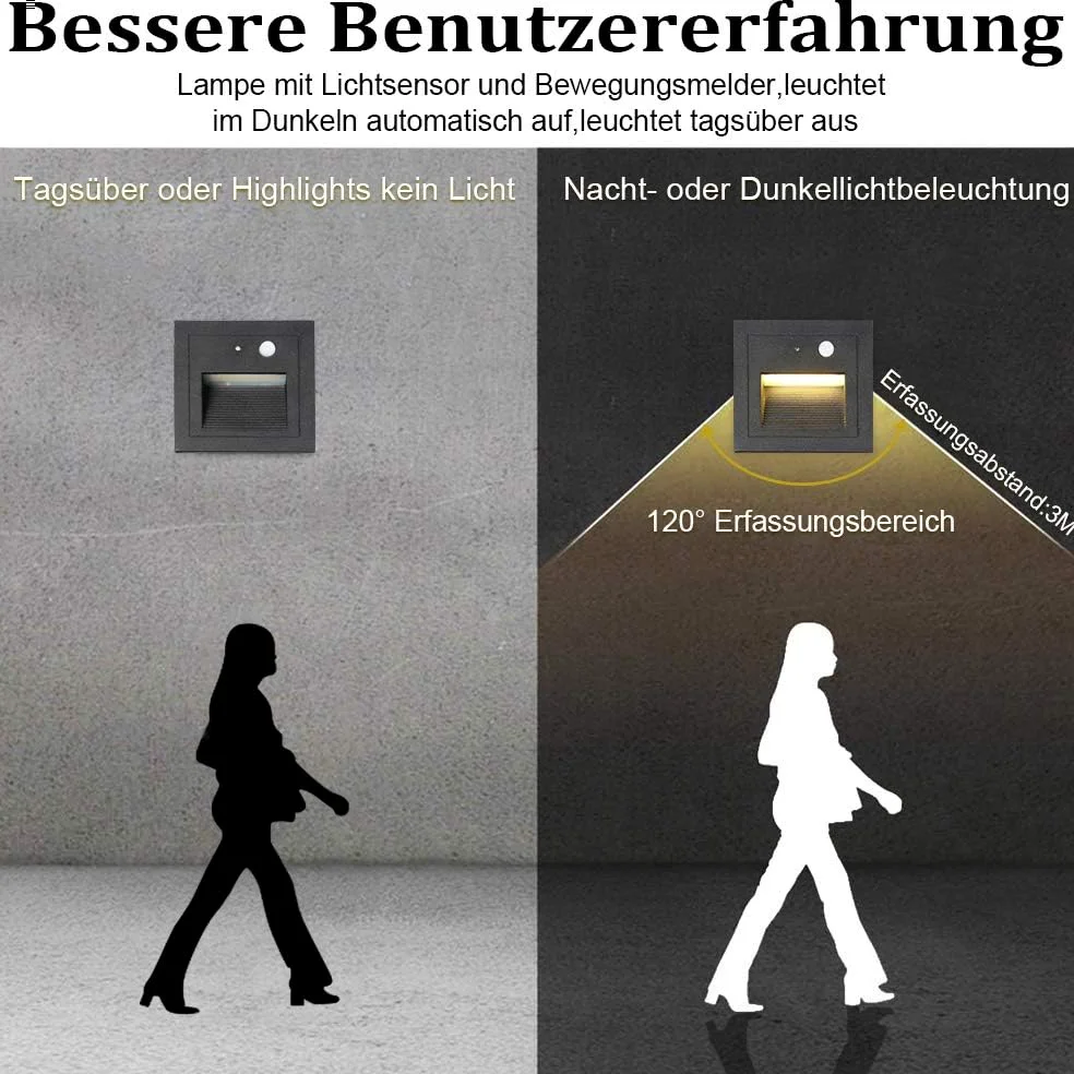 Oświetlenie schodów LED, 4 sztuki, do wbudowania w ścianę, aluminium, 3 W, 230 V, ciepła biel, oświetlenie schodów, oświetlenie zewnętrzne z czujnikiem ruchu, lampa ścienna, oświetlenie
