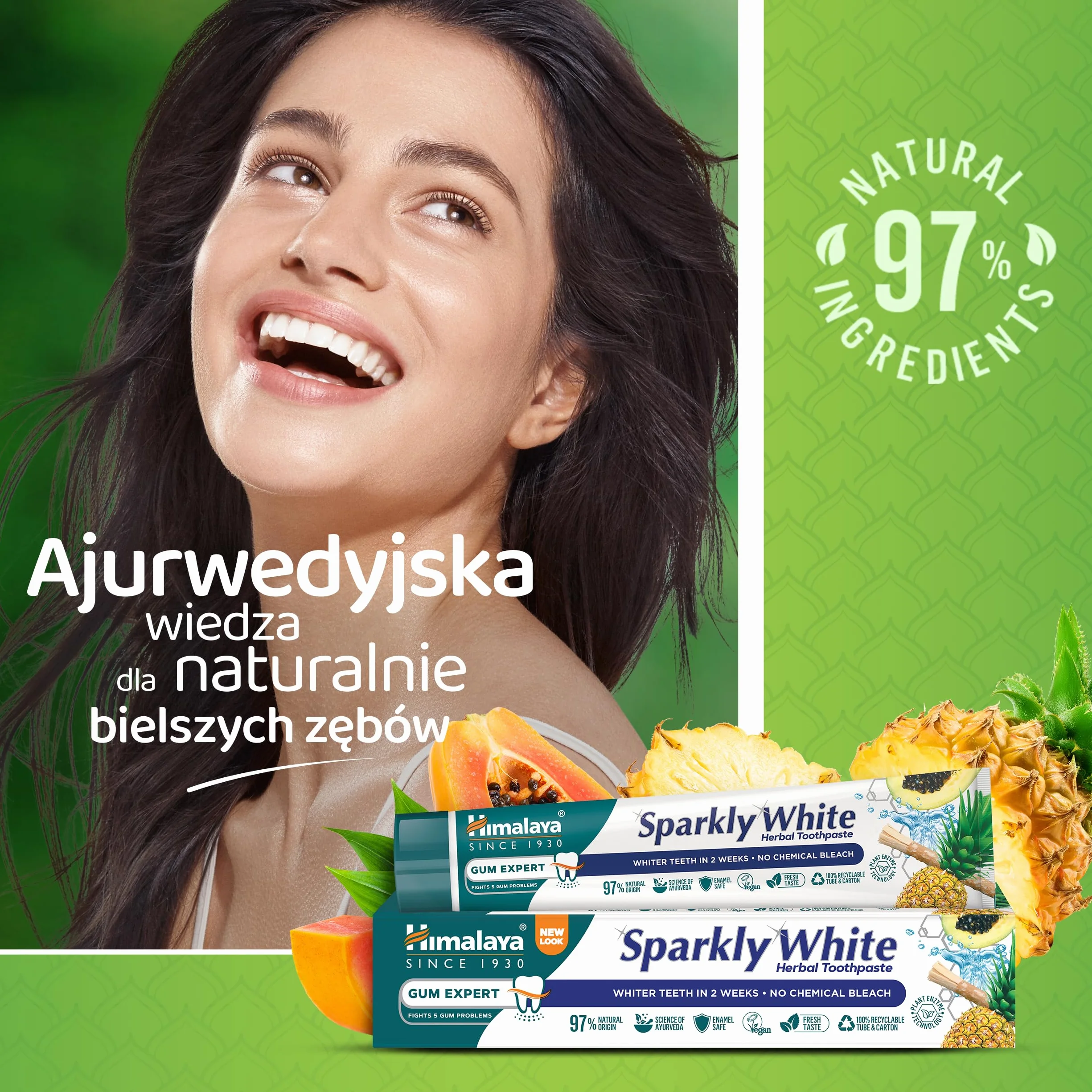 Himalaya Sparkly White Ziołowa Pasta do Zębów 75ml Wybielanie, Zdrowe Dziąsła, Bezpieczna dla Szkliwa, Wzmacnia Zęby | 97% Naturalnych Składników, Wegańska, Bez Fluoru, Technologia Enzymów Roślinnych