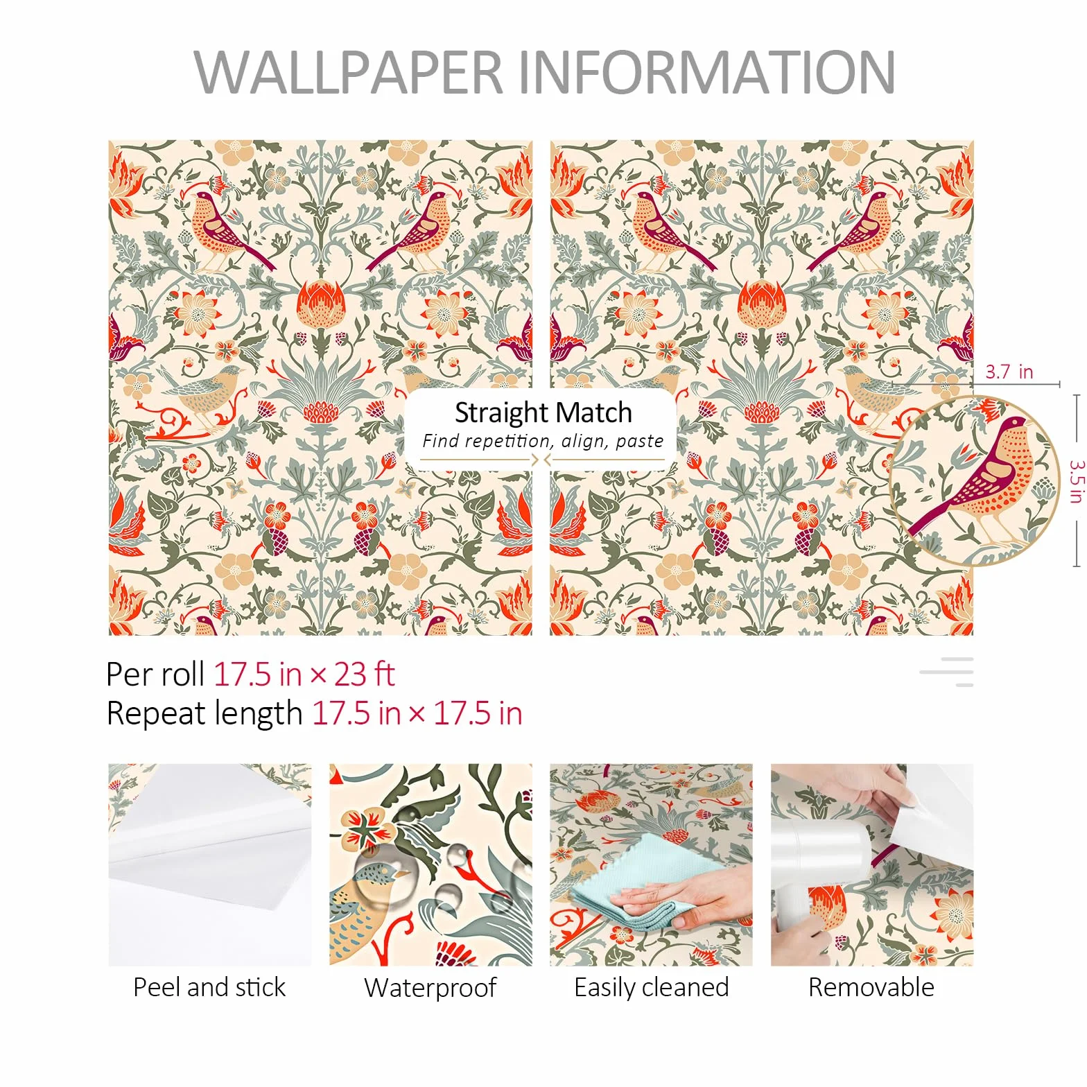 ReWallpaper Kwiatowa tapeta vintage do sypialni 44,5 cm × 7 m kwiatowy papier kontaktowy samoprzylepny dzieci beżowe dziewczyny tapeta do sypialni tapeta winylowa wodoodporna do kuchni i łazienki