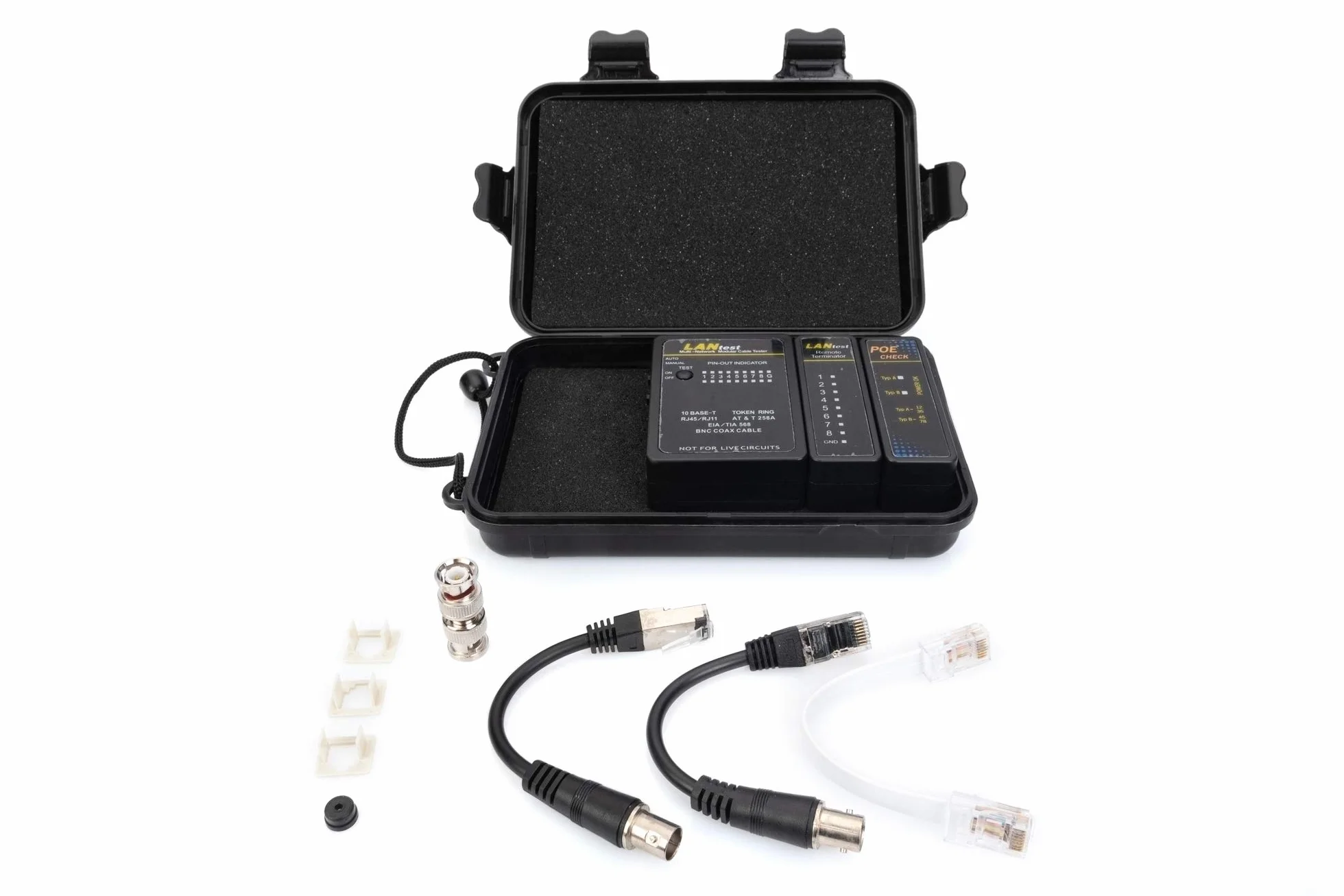 DIGITUS Tester sieciowy i tester kabli – Tester PoE – Automatyczne skanowanie – RJ45 RJ11 ISDN BNC – kabel sieciowy Coax LAN
