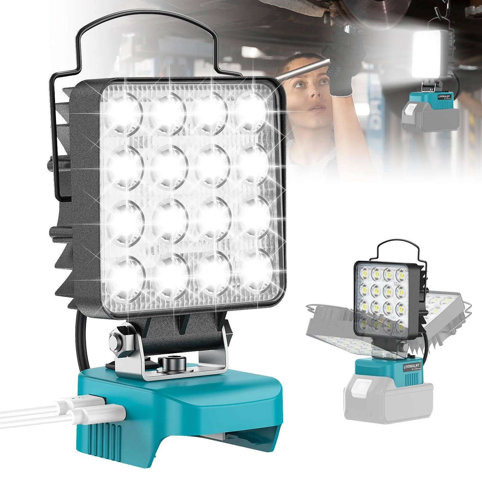 48W Akumulatorowa Lampa LED do Ma-kita 18V - LIVOWALNY 4800LM Ulepszony Podwójny Przełącznik Lampa Bezprzewodowa Reflektor z USB i Typem C na Kemping, Wędrówki Piesze, w Nagłych Wypadkach