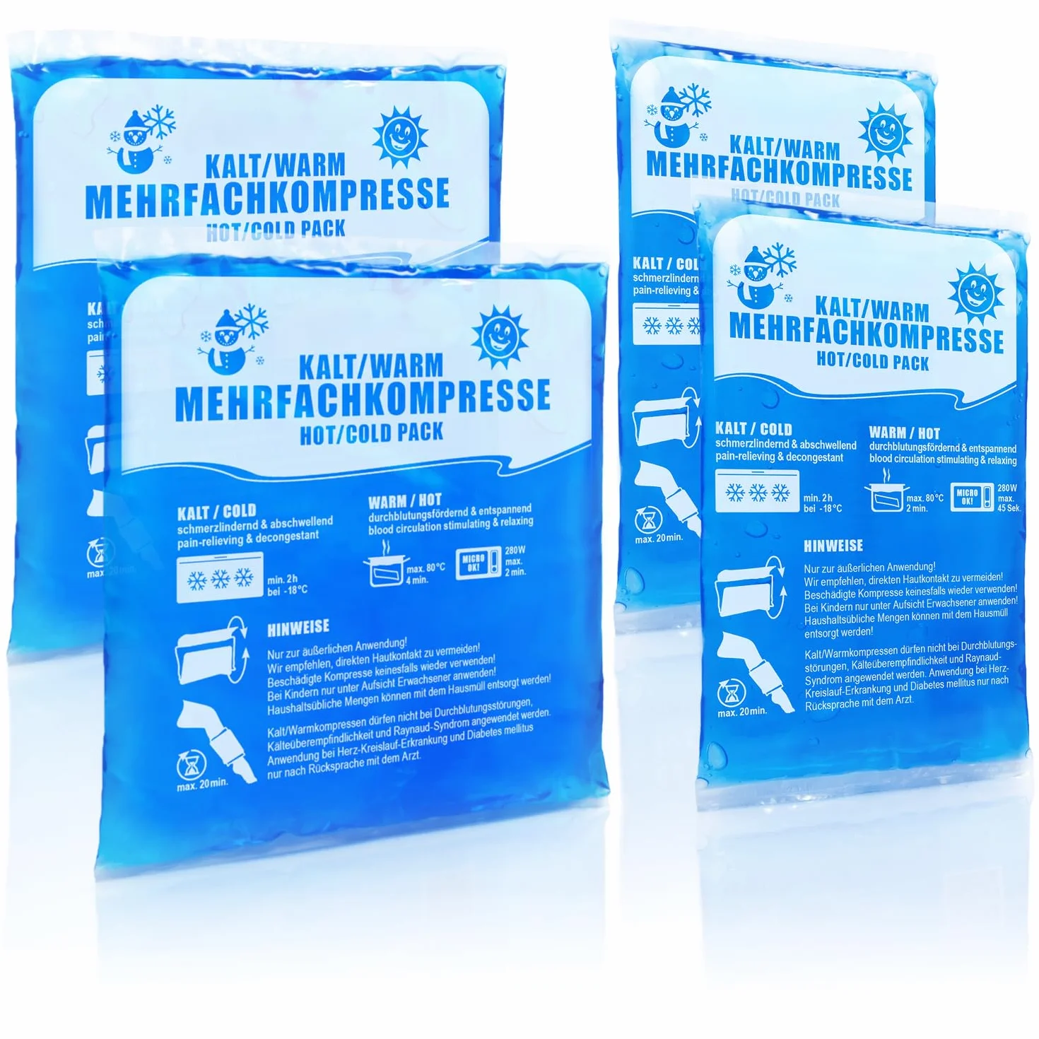 4x wielokrotne kompresy 16x9 cm, 14x13 cm - Gorace i zimne oklady wielokrotnego uzytku - Podkladka chlodzaca i podkladka rozgrzewajaca, mozna uzywac w kuchence mikrofalowej