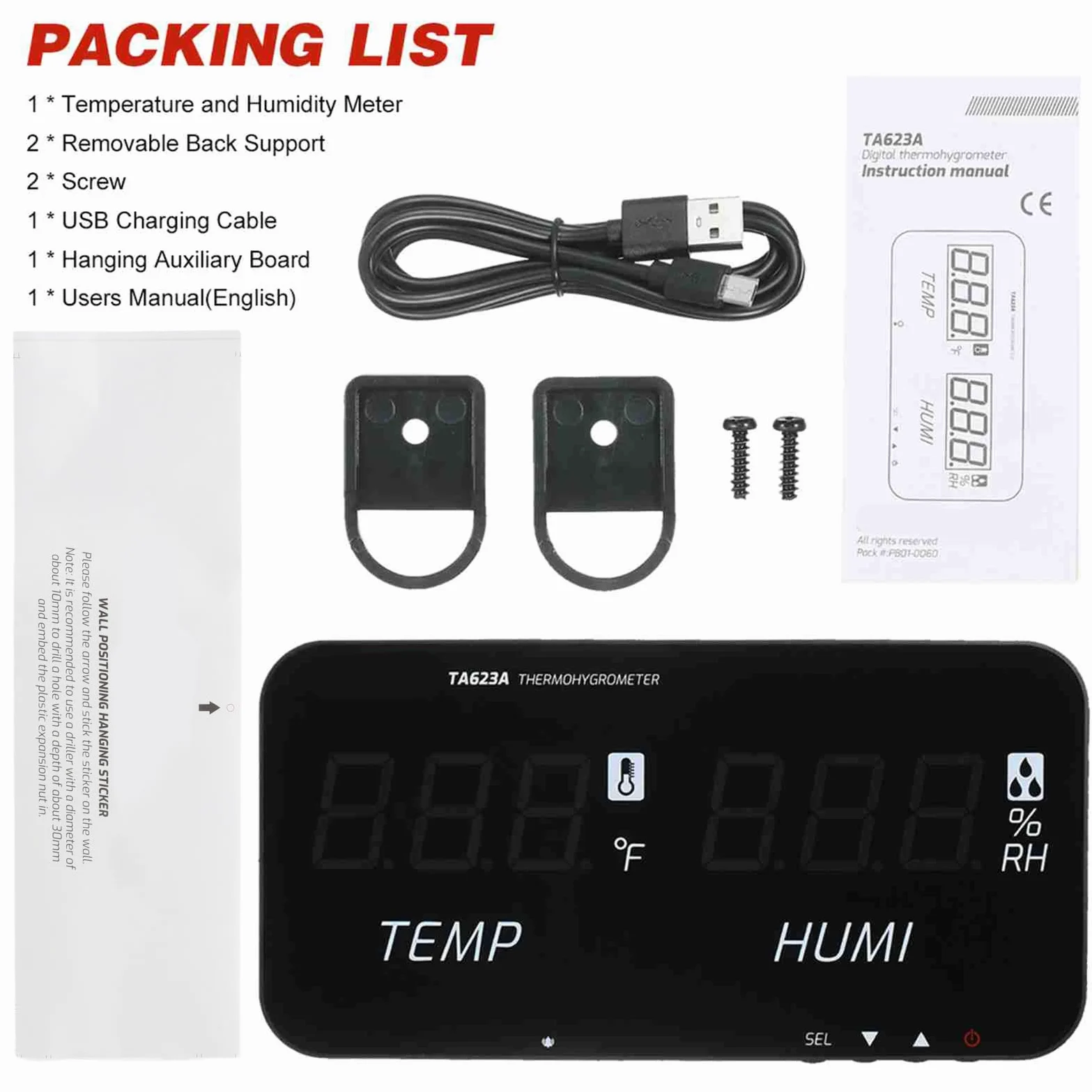 TASI HUIOP TASI Inteligentny termometr z higrometrem temperatury -20℃-80℃(-4℉-176℉)Miernik wilgotności powietrza z wyświetlaczem cyfrowym LED Cyfrowy termometr ścienny Higrometr domowy Rolnik