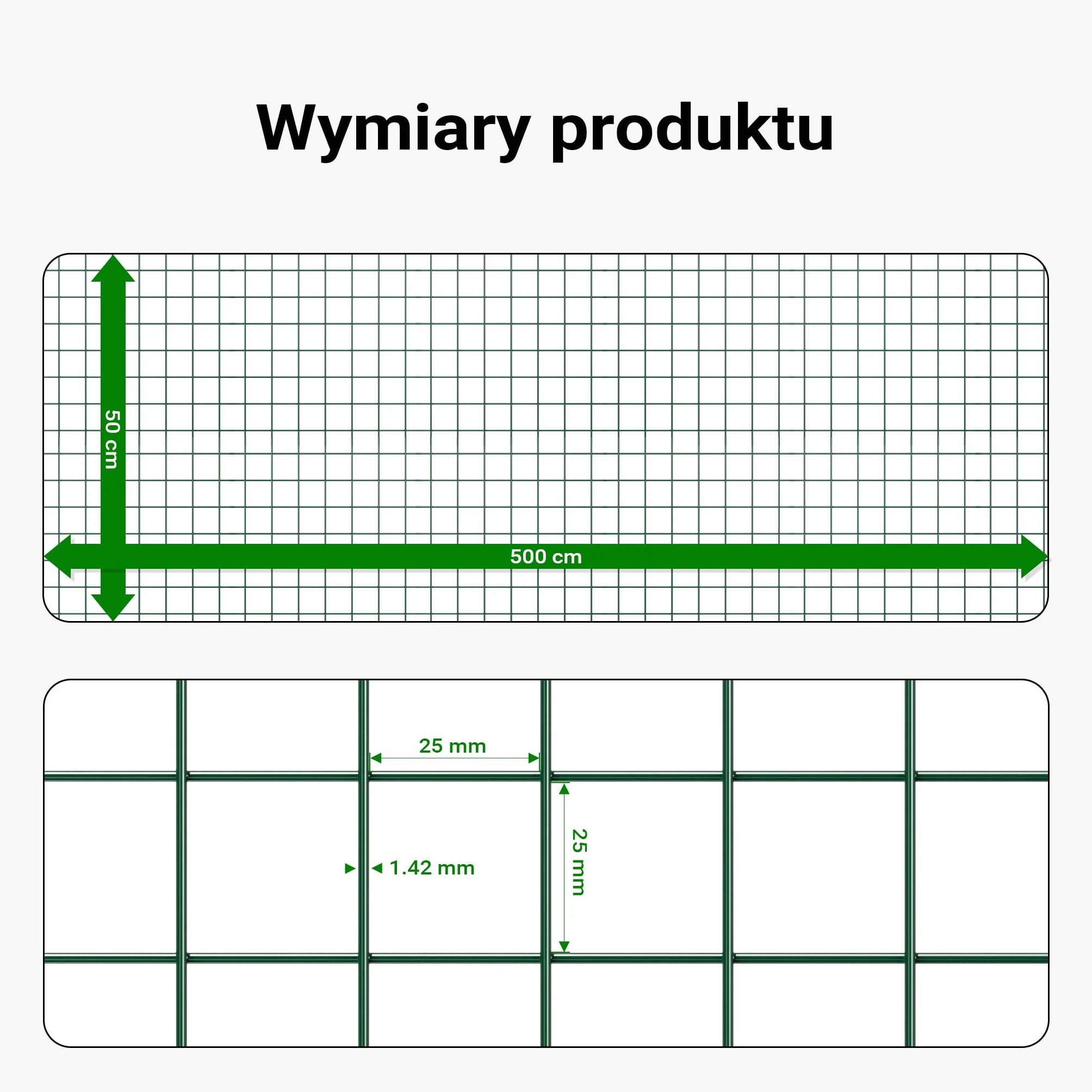 Wiltec Siatka ogrodzeniowa ocynkowana 0,5 x 5 m, zielona, stalowa siatka leśna na woliery i gryzonie, drut 1,42 mm, oczka 25 x 25 mm