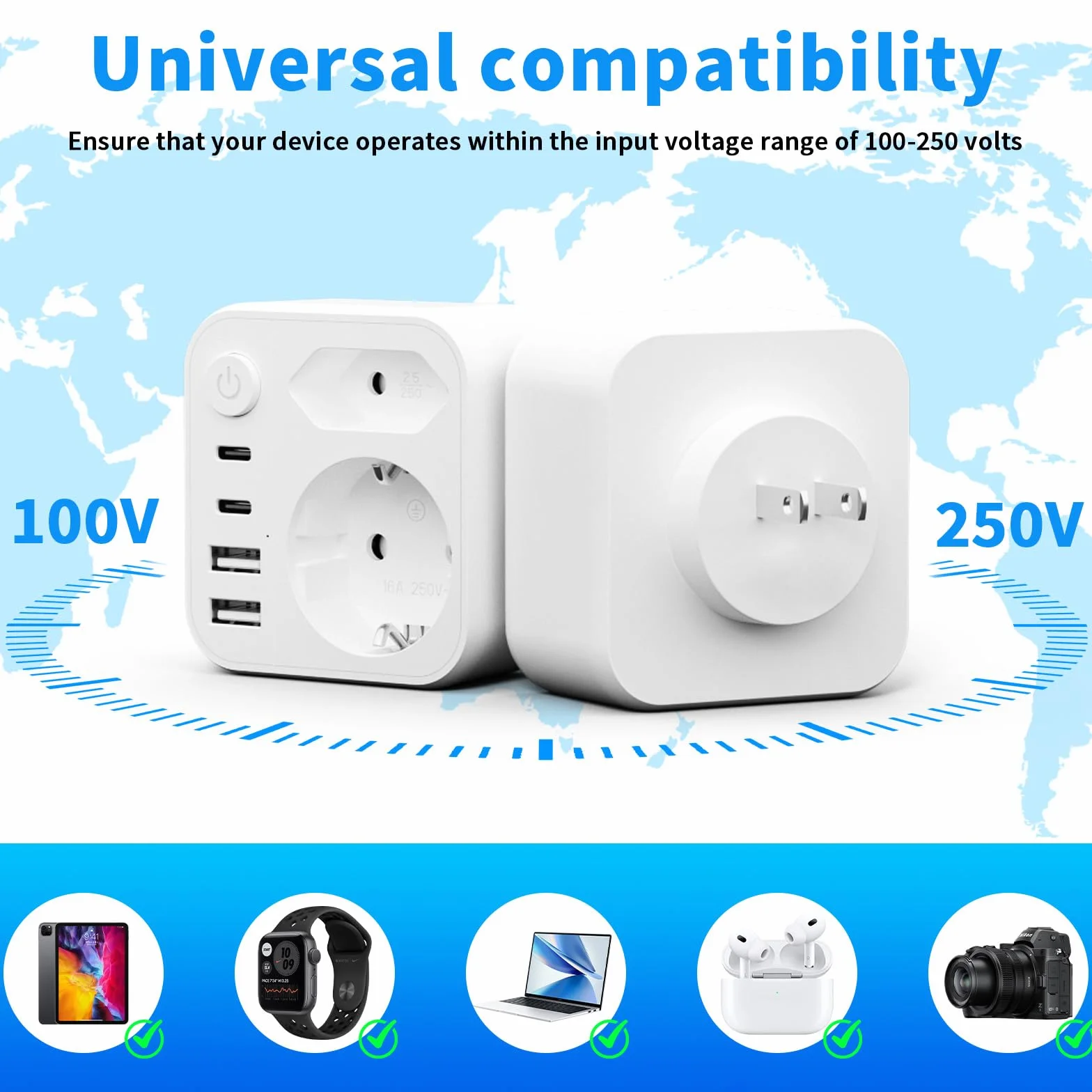 Adapter podróżny 2500 W 2 USB A USB C Schuko typ A do Japonii USA Kanady biały