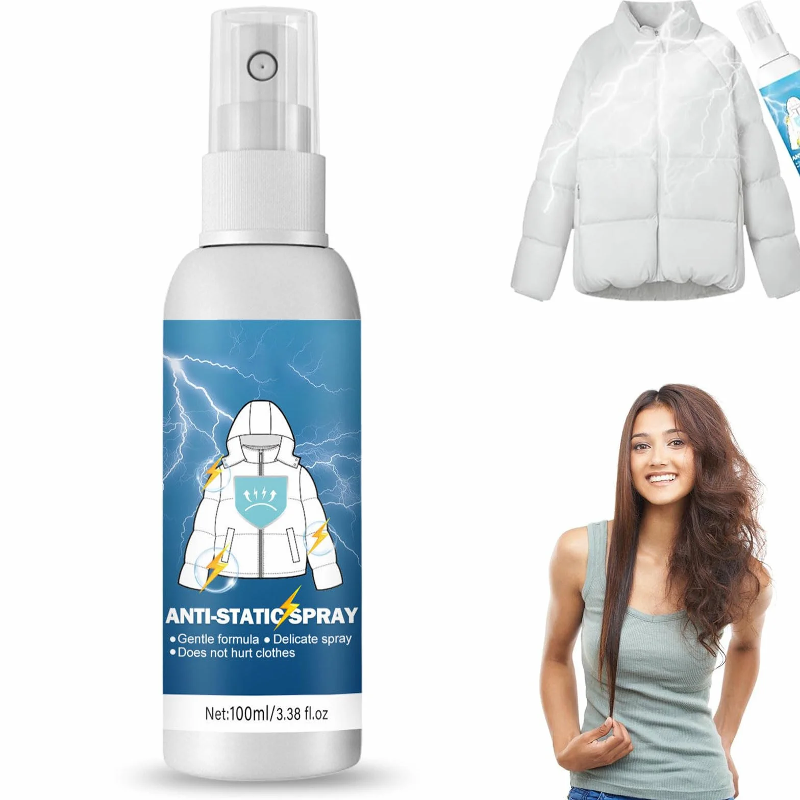 Antystatyczny spray antystatyczny spray ubrania naturalny przenośny, do ubrań, tekstyliów, mebli i samochodów, zmniejsza obciążenie statyczne, 100 ml
