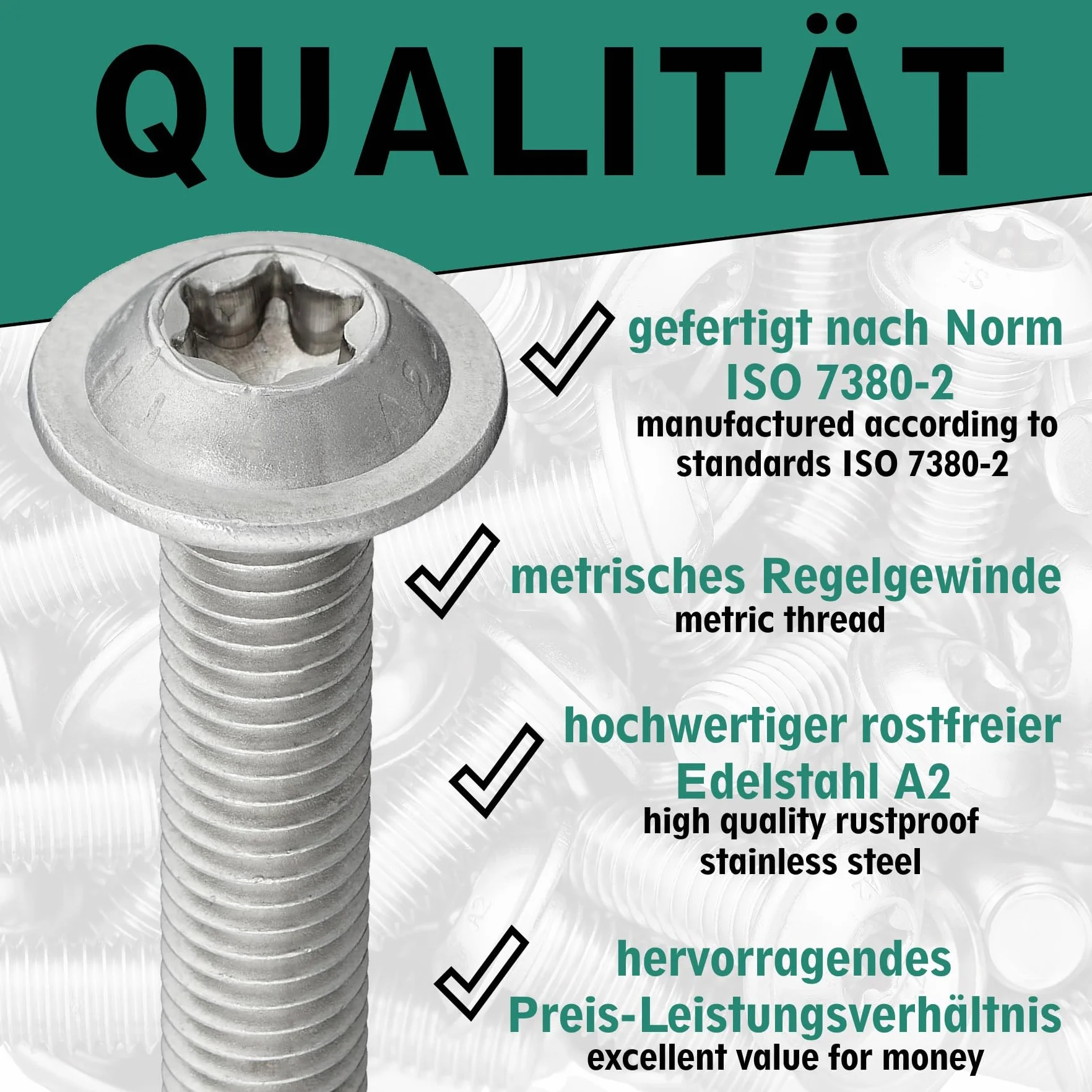 Śruby z łbem zakrzywionym z kołnierzem i gniazdem sześciokątnym/Torx (ISR, TX) zgodnie z normą : ISO 7380-2 Zestaw 10 śrub z łbem płaskim z kołnierzem ze stali nierdzewnej A2 V2A, gwint pełny, M6 x 50