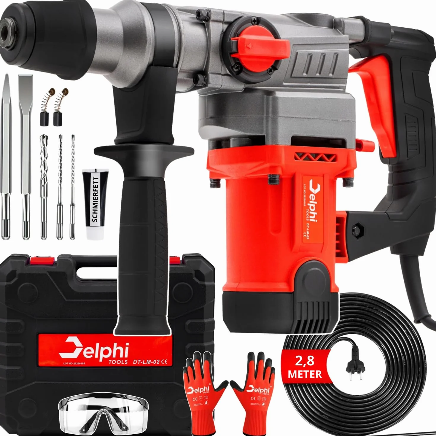 Delphi SDS Plus Młot udarowo-obrotowy 2200 W – młot wyburzeniowy i wiertarka udarowa SDS+, 3 funkcje w jednym narzędziu, 880 obr./min, zestaw wierteł i dłut, akcesoria i walizka